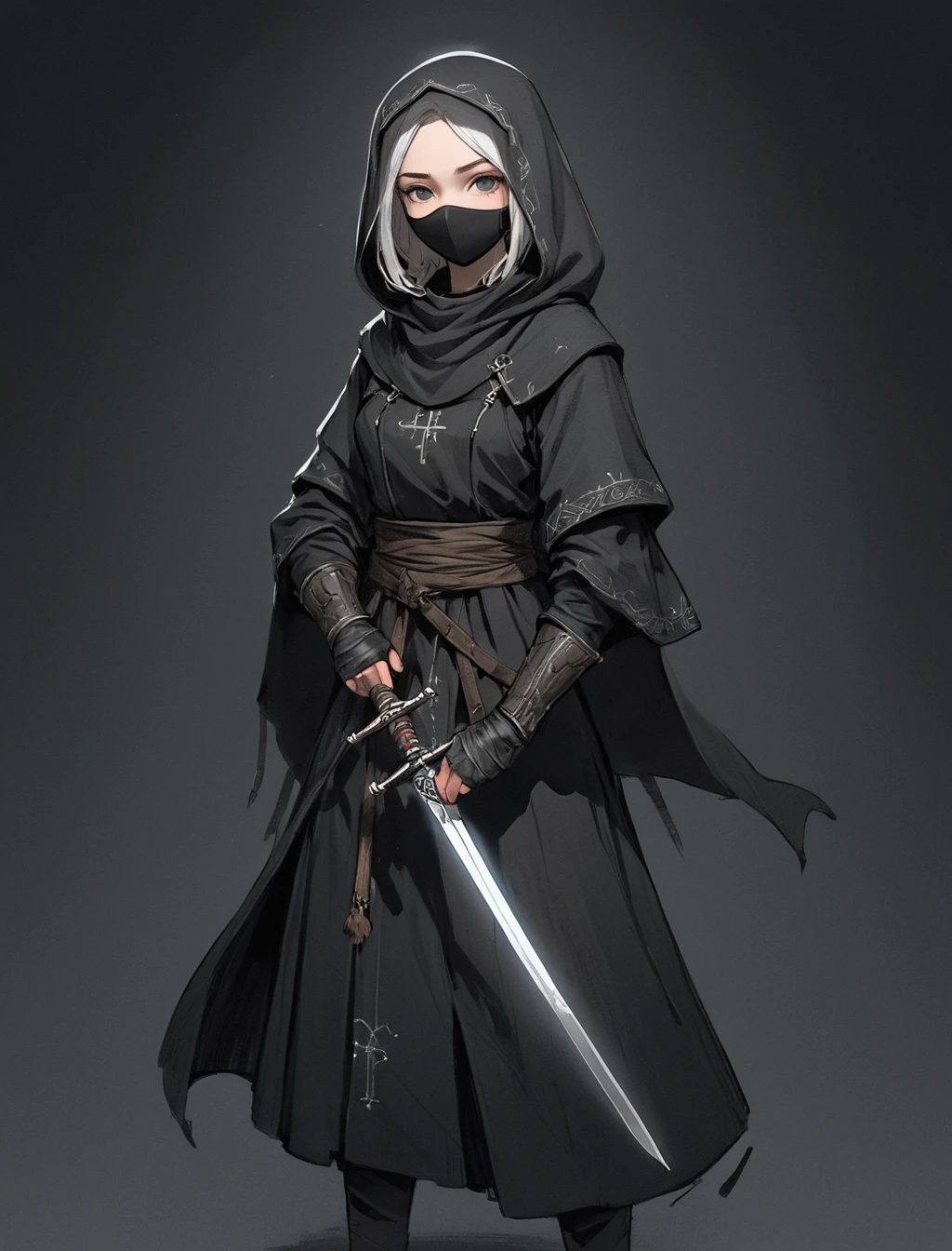 グroughィックノベルのイラストスタイル, whole body, Dark fantasy, sketch, rough, Professional AAA games (Character Concept:1.3), Blind Nun Warrior with Cloth Covering Her Eyes Focus, Holy Warrior, Double Sword, Intricate Design, Dark fantasy background, Rim Light