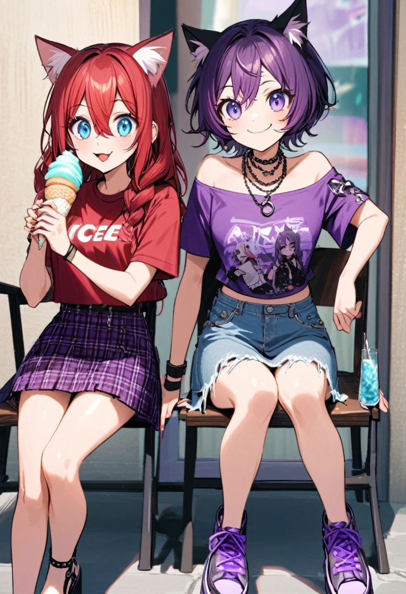 Girl red hair braided wavy diamond necklace blue eyes with red gradient glasses rock t-shirt strapless ripped denim skirt with sandals Anabela open platform accompanied by girl cat ears dark purple hair purple eyes emo outfit rock t-shirt short purple plaid skirt and purple high top sneakers with pink sitting on the chair eating ice cream smiling looking at the spectator