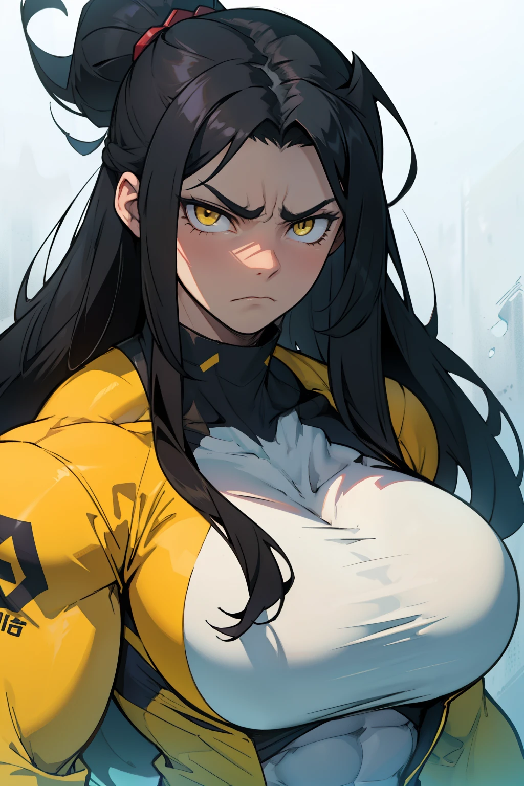 huge hair huge muscles huge breasts muscular girl pale skin black hair yellow eyes sad frown expressionless