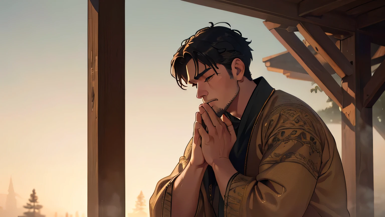 a man praying in the early morning, intricate details, soft warm lighting, detailed face, detailed clothing, peaceful expression, serene environment, mist, fog, shallow depth of field, cinematic, dramatic lighting, golden hour, (best quality,4k,8k,highres,masterpiece:1.2),ultra-detailed,(realistic,photorealistic,photo-realistic:1.37)
