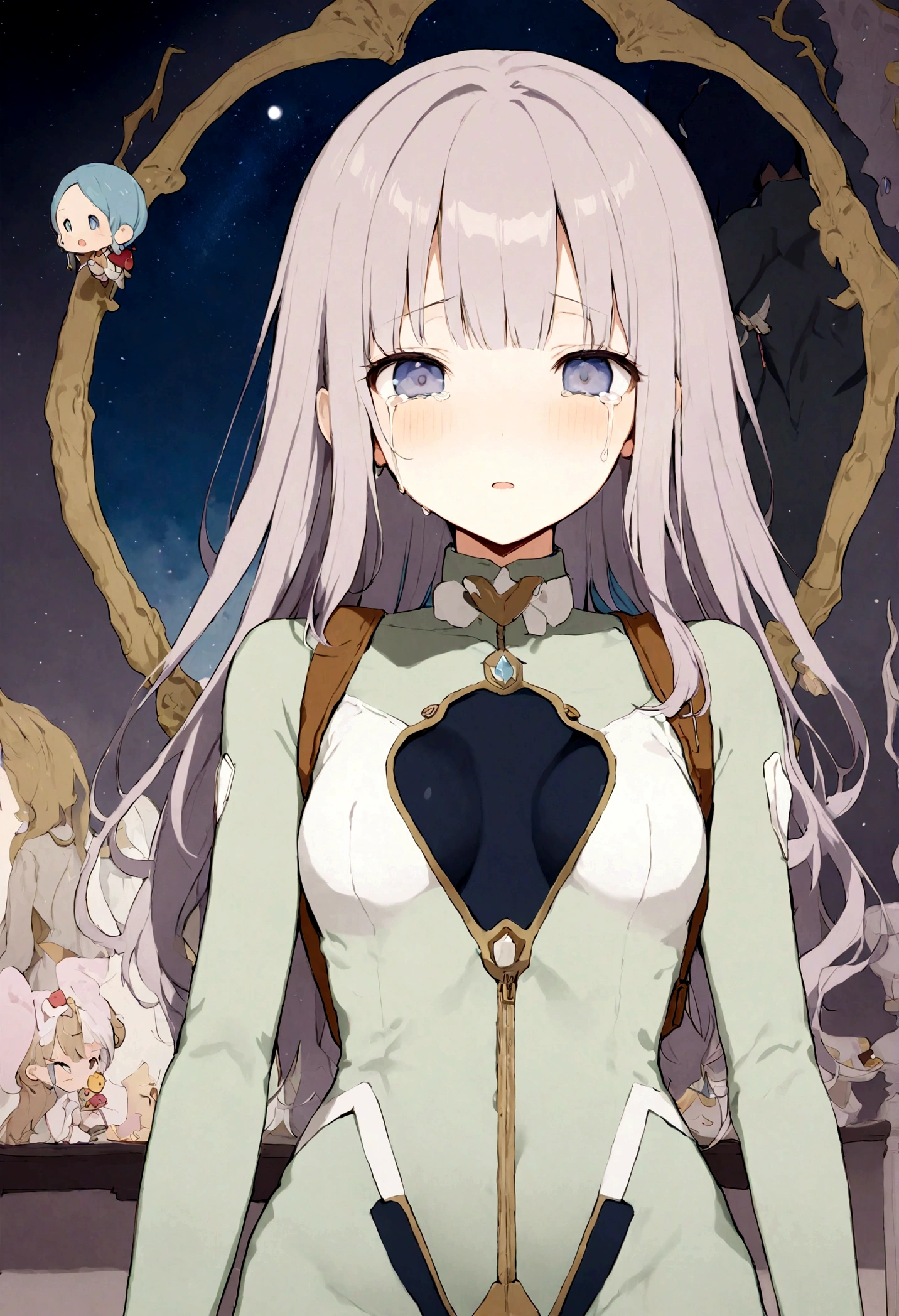 masterpiece, highest quality, Illustration of the novel, High resolution, 18+ Adult content, Sensual, Intimate, Emotional, Passionate, romantic, sweet, Adorable, Innocent, Pure, Charmな, Charmな, Charm, Mysterious, Charmな, Charmな, Immersive, Charmな, dream-like, Surreal, Imaginative, Whimsical, artistic, Avant-garde, timeless, elegant, Sophisticated, chic, Sophisticated, personality, original, Charmな,((Lori:1.3)),((Beautiful Tears))、Upper Body、(Little),((Tight Combat Suit:1.3)),