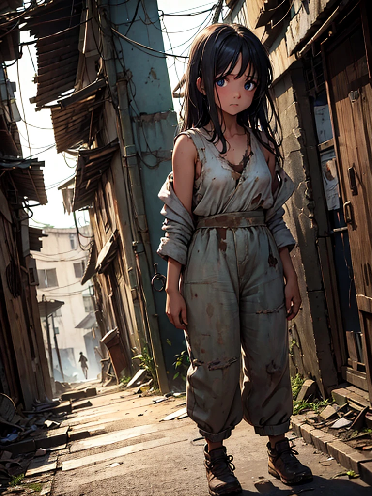 (masterpiece、top-quality、hight resolution)、In a dark and grimy alleyway, a young orphan girl from the slums stands with a desperate look in her eyes. Her clothes are tattered and dirty, and she appears thin and malnourished. She looks up at a passerby with pleading eyes, saying, "If you give me food, you can do anything you want to me." Her posture is submissive, reflecting her dire situation and desperation. The background shows the rough, dirty environment of the slums, with dilapidated buildings and trash scattered around. The overall atmosphere is bleak and somber, emphasizing the harsh reality of her life. nsfw