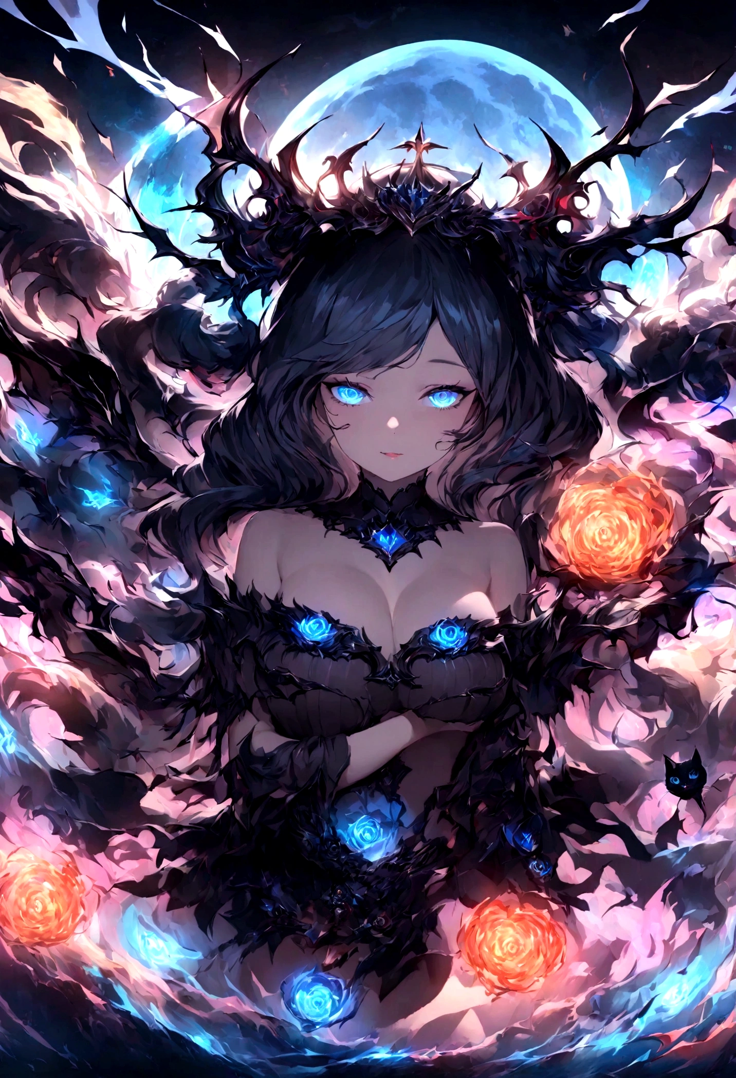 animal、Cute black cat、Beautiful blue eyed cat、Black crown、Black and blue vampire wings、Glare、Rin々Funny face、beautiful、blue Moon、Lots of blue roses、Lots of blue light、Fantasy black cat,Facial close-up enhancement,AmbiLight,The colors are vivid and bright,Black background,haze,Detailed depiction,Rich details,Explosion of imagination,Surreal,Ultra-realistic,masterpiece,8k,Light,Tyndall effect