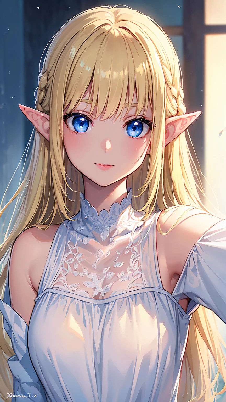 16k、masterpiece、High definition、High resolution、((Young Elven Woman))、((Beautiful white skin))、((Beautiful blonde))、Bobcut、((Beautiful Blue Eyes))、((Narrow eyes))、((Pointed Ears))、Smiling Kindly、Pink lip gloss、blush、Glamorous nightgown、Bedroom at night、Dimmed lighting、Look up at me、((Close up of upper body))