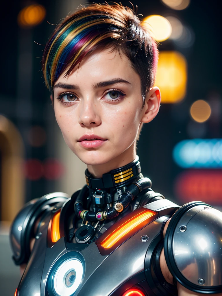 (best quality, masterpiece, highest detailed), (photorealistic:1.2), raw photo, realistic portrait, cyberpunk style, cyborg portrait, robotic face, mechanical tubes, multi-colored hair, short haircut, robotic body, robotic tubes sticking out, metal body  , neon backlight, red blue neon, (vibrant color), (intricate details), exposure blend, bokeh, dim light, (hdr:1.4), high contrast, (muted colors, dim colors, soothing tones:1.3), low saturation  morbid