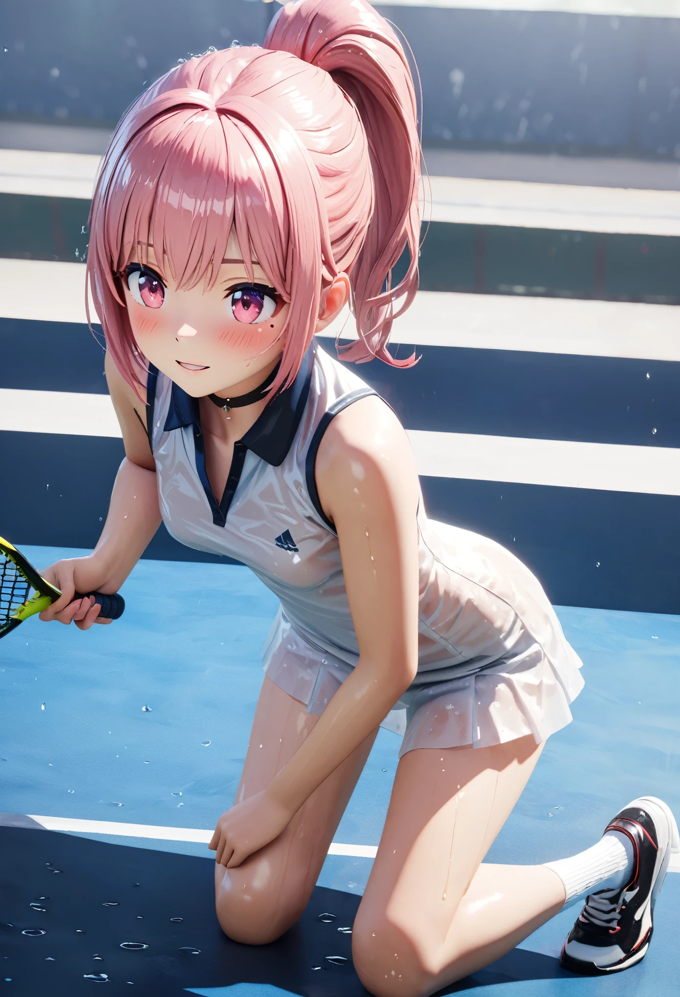 masterpiece, best quality, highly detailed, high resolution, expensive solution, high resolution, 4k, 8k, Unity 8k wallpaper, highly detailed CG, masterpiece, 2d, 3d, beautiful details, depth, fine texture, best quality: 1.3, total concentration, transparent skin, him, very cute anime girl, expensive pink ponytail girl, alone girl, tennis uniform, tennis shoes, tennis court, it was raining heavily and she was soaking wet. The tennis uniform was see-through and her hair was soaking wet, smiling ponytail girl, full body, tennis court, heavy rain, mole under eye, gaze, expensive, blush, parted lips, heart, pink eyes, choker