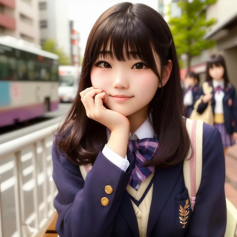 There is a woman sitting with her hand on her chin,, Japanese girls uniform, 笑顔が素敵でcute 美しいアニメの女子高生,Japanese , Acquire Japanese language skills , Seifuku, Beautiful Japanese girl face, Portrait of a Japan ager, Surreal school girl, kawaii girl, cute