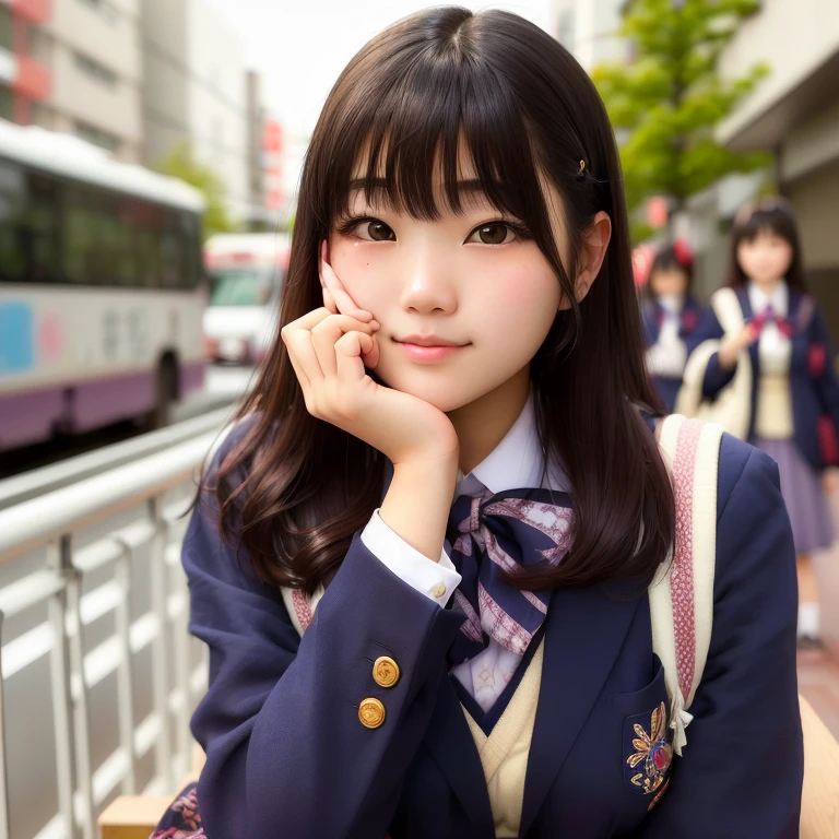 There is a woman sitting with her hand on her chin,, Japanese girls uniform, 笑顔が素敵でcute 美しいアニメの女子高生,Japanese , Acquire Japanese language skills , Seifuku, Beautiful Japanese girl face, Portrait of a Japan teenager, Surreal school girl, kawaii girl, cute