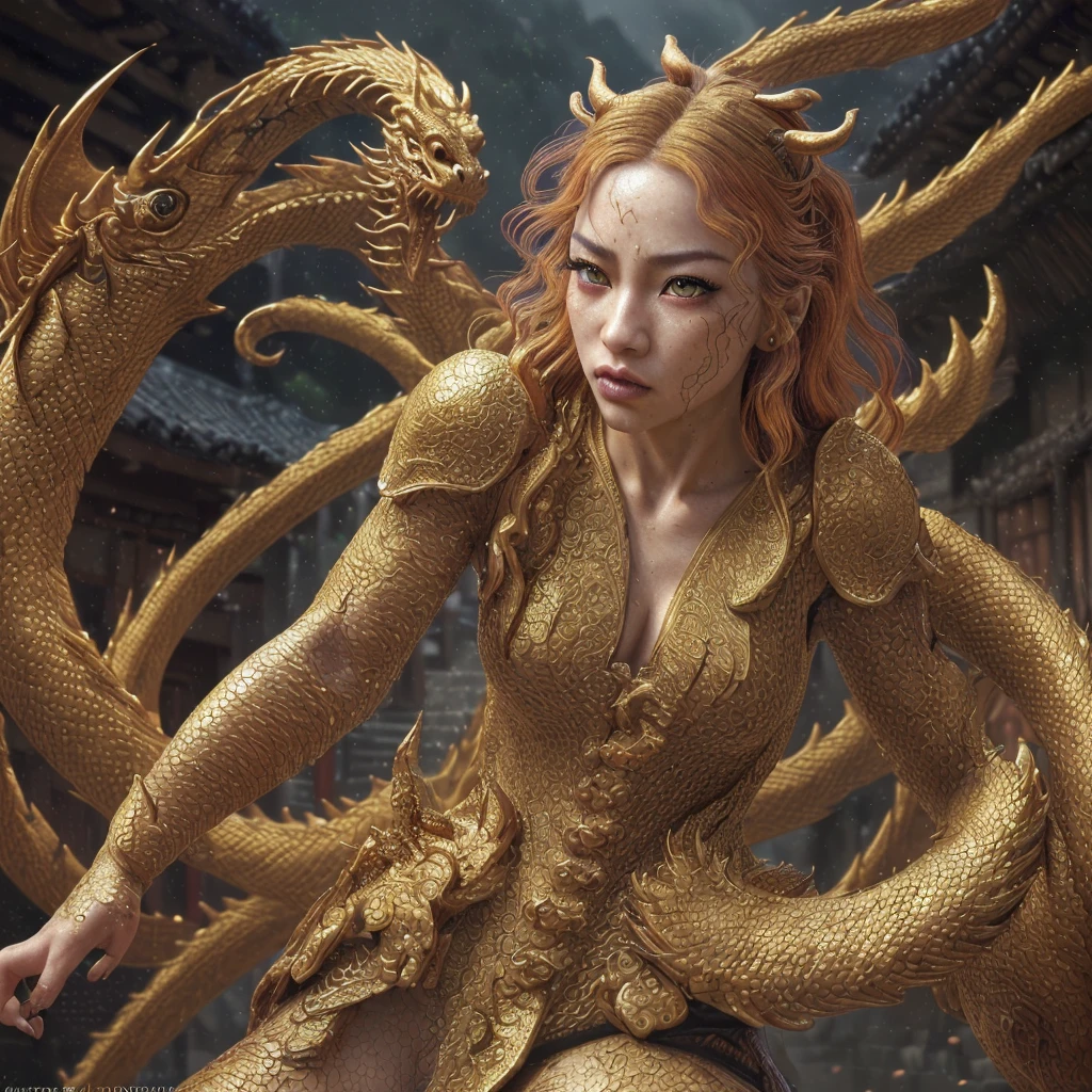 a woman that is actually a golden dragon chasing oni from a japanese village, highly detailed fantasy illustration, beautiful detailed eyes, beautiful detailed lips, extremely detailed eyes and face, long eyelashes, intricate details, dynamic pose, cinematic lighting, vibrant colors, dramatic atmosphere, digital painting, concept art, (best quality,4k,8k,highres,masterpiece:1.2),ultra-detailed,(realistic,photorealistic,photo-realistic:1.37)
