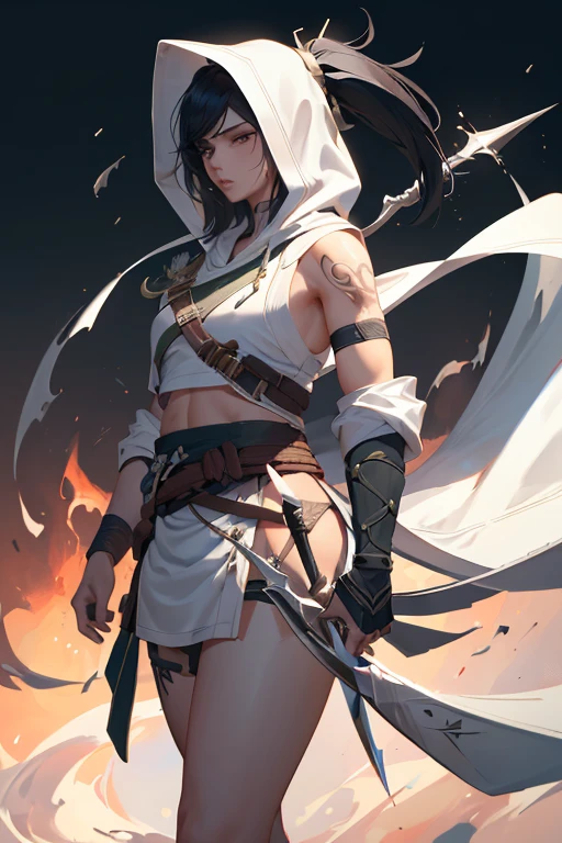 (The best quality at its best,4K,8k,High resolution,masterpiece:1.2),night, Akali, One girl, length_sleeve,White hood,White shorts,,tattoo , Are standing, full_body, arms,Sickle,dagger,,boots, belt,