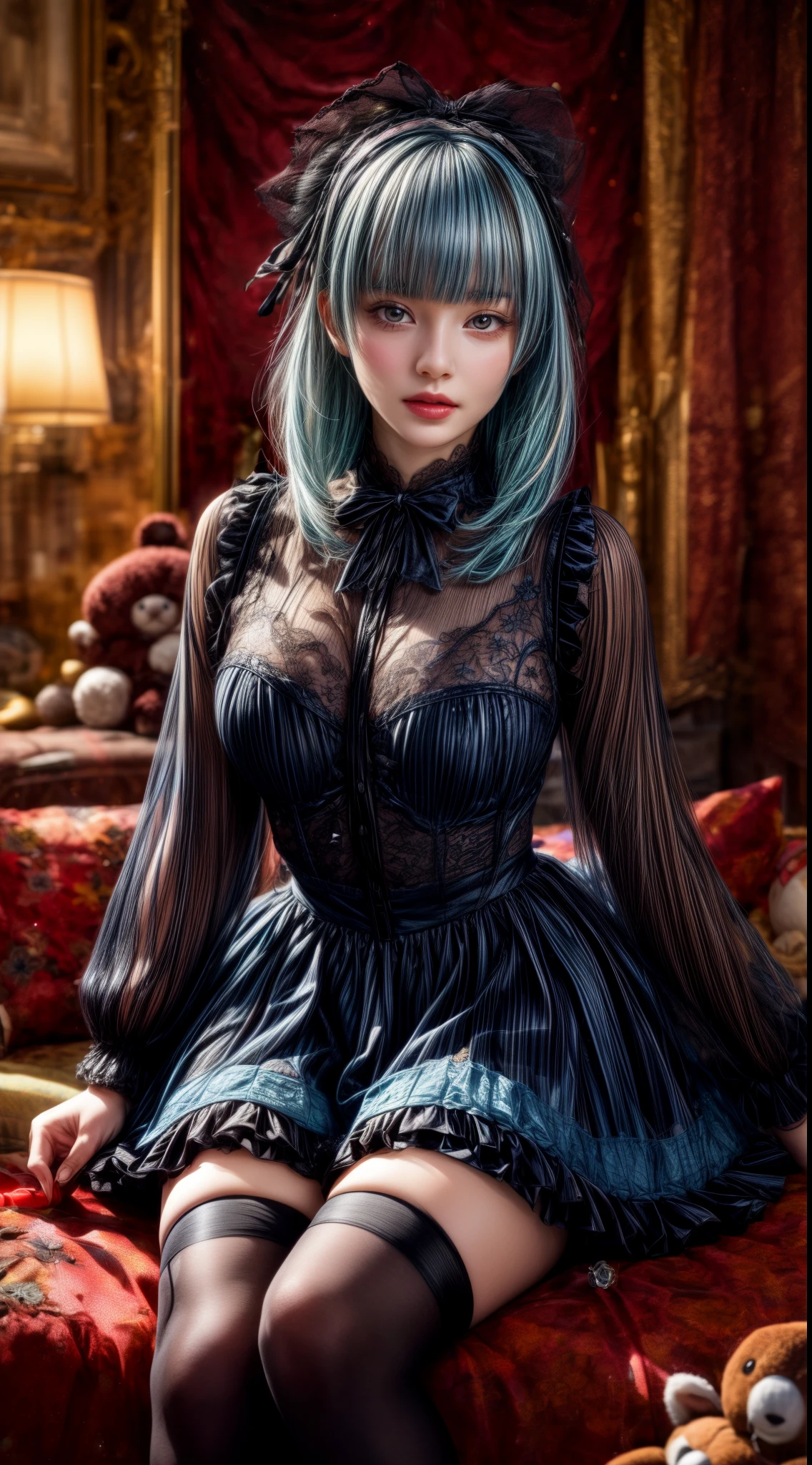 Light blue hair、Black Hair、((Two-tone hair))、Black Lolita dress with delicate light blue decoration、Slender women、Cute Woman、 8K Ultra HD,Detailed face、Delicate texture, Long Hair、(((Blunt bangs)))、(((Drill Hair)))、Tutu skirt、Thigh-length tights、short boots、((Sweet Lolita))、mini skirt、A room in a Western-style building、((Delicate photo)),(Girl Astepeace RAW Photo Details:1.25), (highest quality:1.6), (超A high resolution:1.5), (Realistic:1.75), 8K resolution, Canon EOS R5, 50mm, Absurd, Super detailed,Cinema Lighting、((Lollipop and whiskey glass))