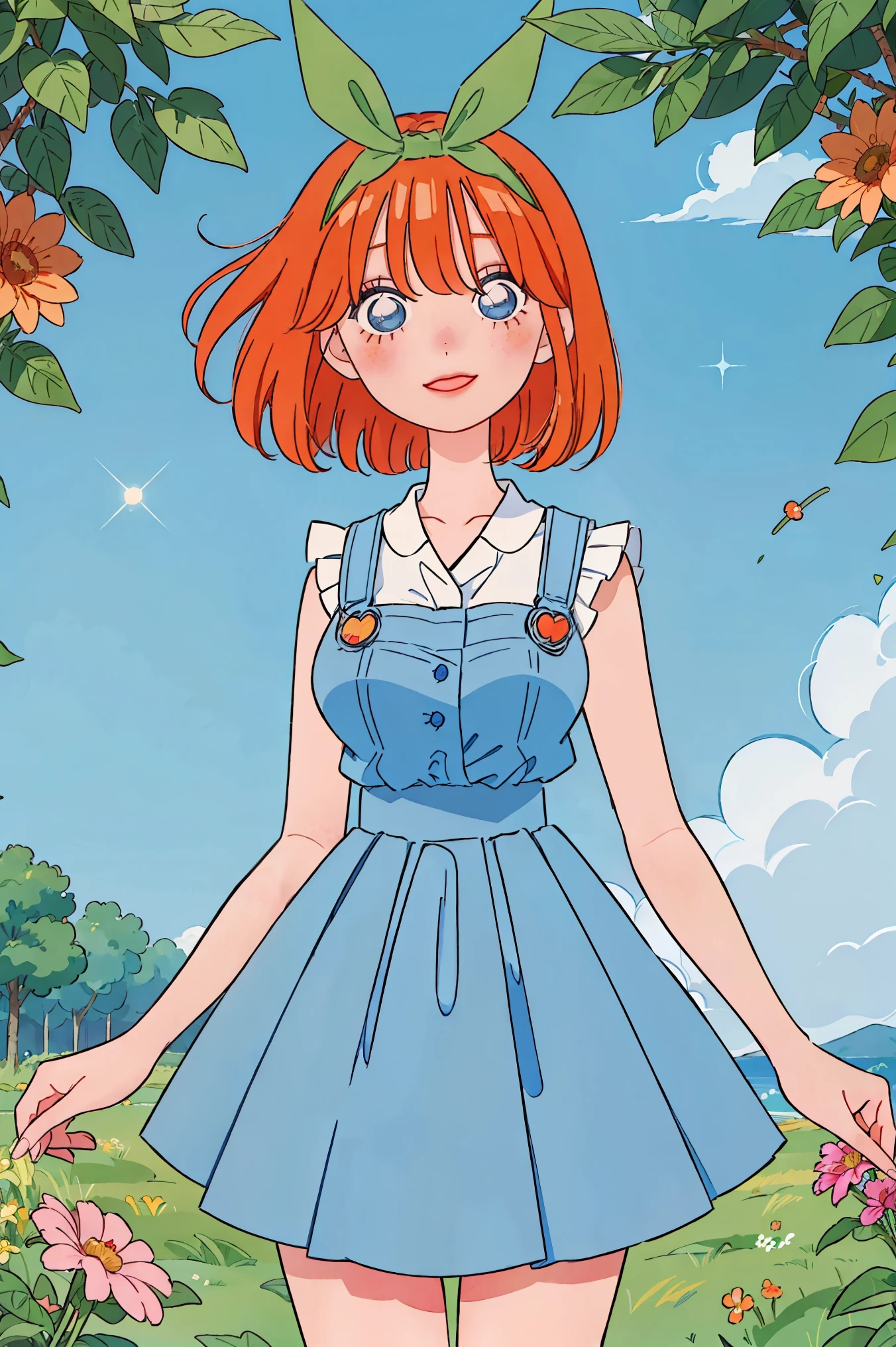 Yotsuba nakano, (Old anime, vintage anime, 90's anime style, naoko takeuchi style, masterpiece、top-quality、top-quality、Official art、Beautifully Aesthetic:1.2)、(a beauty girl:1.3)、vivid colours、colourful, lHD Detail, Ultra Detail, soft Light, Deep Focus Bokeh, magical photography, dramatic lighting, intricate details, (1 girl, solo, alone), , sfw, nakano_yotsuba, blue eyes, indigo eyes, aayotsuba, sparkling blue eyes, sfw, pretty age girl with shoulder length orange hair, heart shaped lips and blue eyes making a cute face, blushing, green ribbon, hair ribbon, Nakano yotsuba from The Quintessential Quintuplets, yotsuba Nakano, masterpiece, 4k, ultradetailed, cowboy shot, bob orange hair, blue eyes, pure, tender, lovely, innocent, playful, cheery, smile