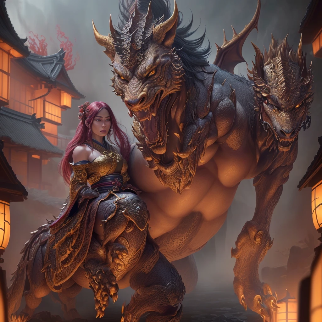 a woman that is actually a golden dragon chasing oni from a japanese village, highly detailed fantasy illustration, beautiful detailed eyes, beautiful detailed lips, extremely detailed eyes and face, long eyelashes, intricate details, dynamic pose, cinematic lighting, vibrant colors, dramatic atmosphere, digital painting, concept art, (best quality,4k,8k,highres,masterpiece:1.2),ultra-detailed,(realistic,photorealistic,photo-realistic:1.37)
