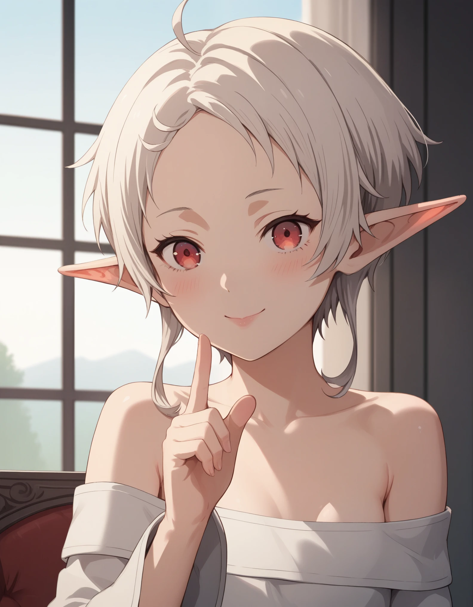 score_9, score_8_up, score_7_up, source_anime, Fitz, 1girl, red eyes, short hair, blush, smile, off shoulder, collarbone, small breasts,, young, Young female, Beautiful Finger, Beautiful long legs,, uncensored, amazing anime illustration, masterpiece, absurdrez, best quality, ultra detailed, intricately detailed, character focus, highly detailed, high quality,BREAK amazing photograph, photorealistic, photography, realism, hyper_realism,, character focus, BREAK,