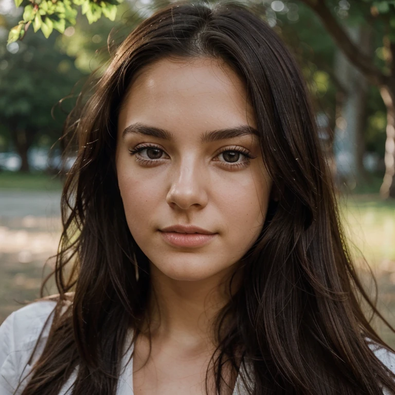 A photorealistic portrait face of a 24-year-old french girl with long, flowing dark hair and striking dark eyes. She should have a natural, approachable expression and be illuminated by soft, golden-hour sunlight. The background should be a scenic outdoor setting, perhaps a sunlit park or beach. Capture this image with a high-resolution photograph using an 85mm lens for a flattering perspective.