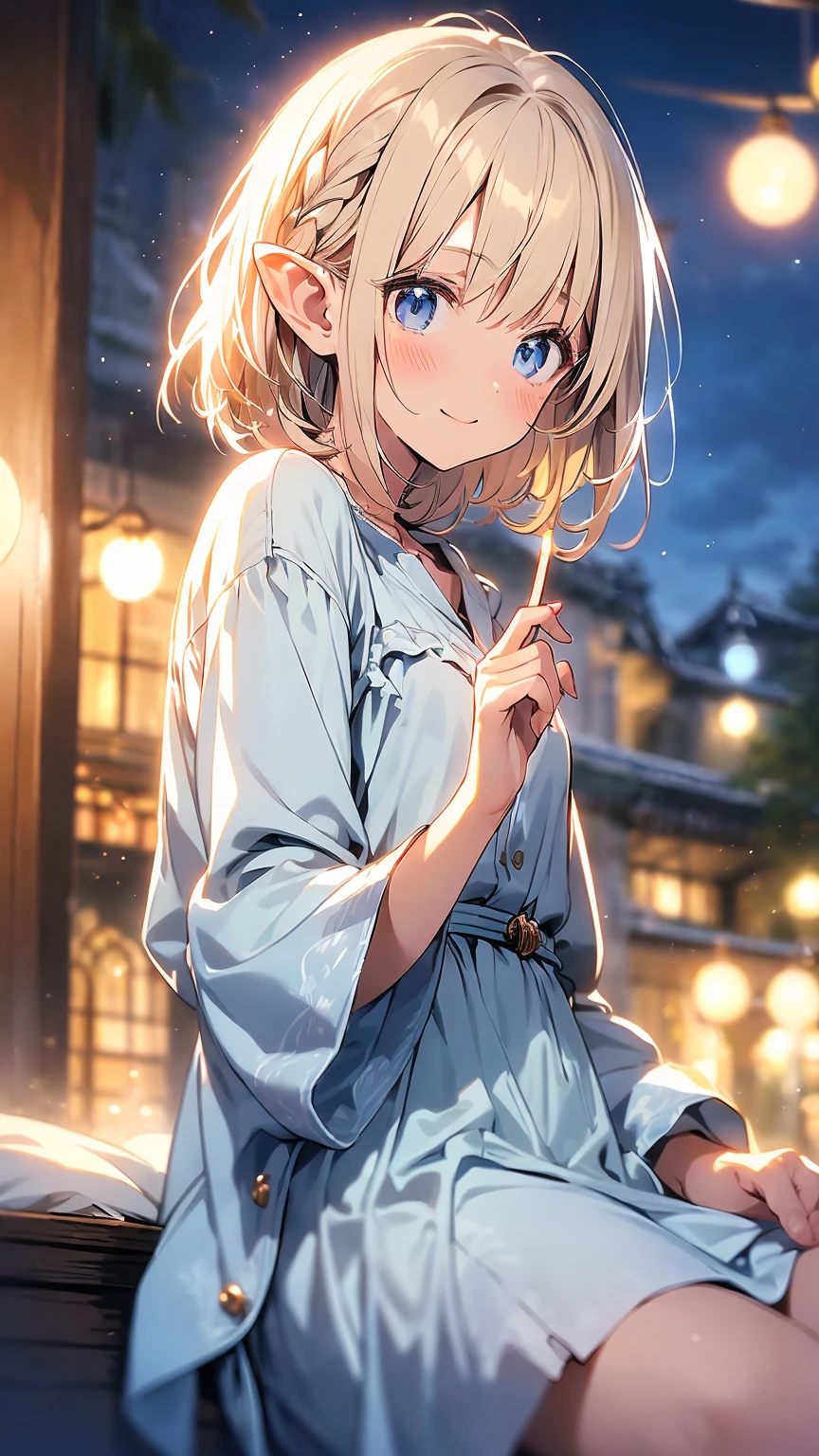 16k、masterpiece、High definition、High resolution、((Young Elven Woman))、((Beautiful white skin))、((Beautiful blonde))、Bobcut、((Beautiful Blue Eyes))、((Narrow eyes))、((Pointed Ears))、Smiling Kindly、Pink lip gloss、blush、Glamorous nightgown、Bedroom at night、Dimmed lighting、Look up at me、((Close up of upper body))