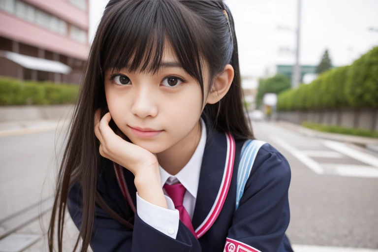 There is a woman sitting with her hand on her chin,, Japanese girls uniform, 笑顔が素敵でcute 美しいアニメの女子高生,Japanese , Acquire Japanese language skills , Seifuku, Beautiful Japanese girl face, Portrait of a Japan ager, Surreal school girl, kawaii girl, cute