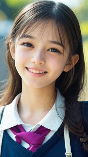 lens: 135mm f1.8, (highest quality),(RAW Photos), (Tabletop:1.1), (Beautiful 13 year old Japan girl), Cute face, (Deeply chiseled face:0.7), (freckles:0.4), dappled sunlight, Dramatic lighting, (Japanese School Uniform), (On campus), shy, (Close-up shot:1.2), (smile),, (Sparkling eyes)、(sunlight)