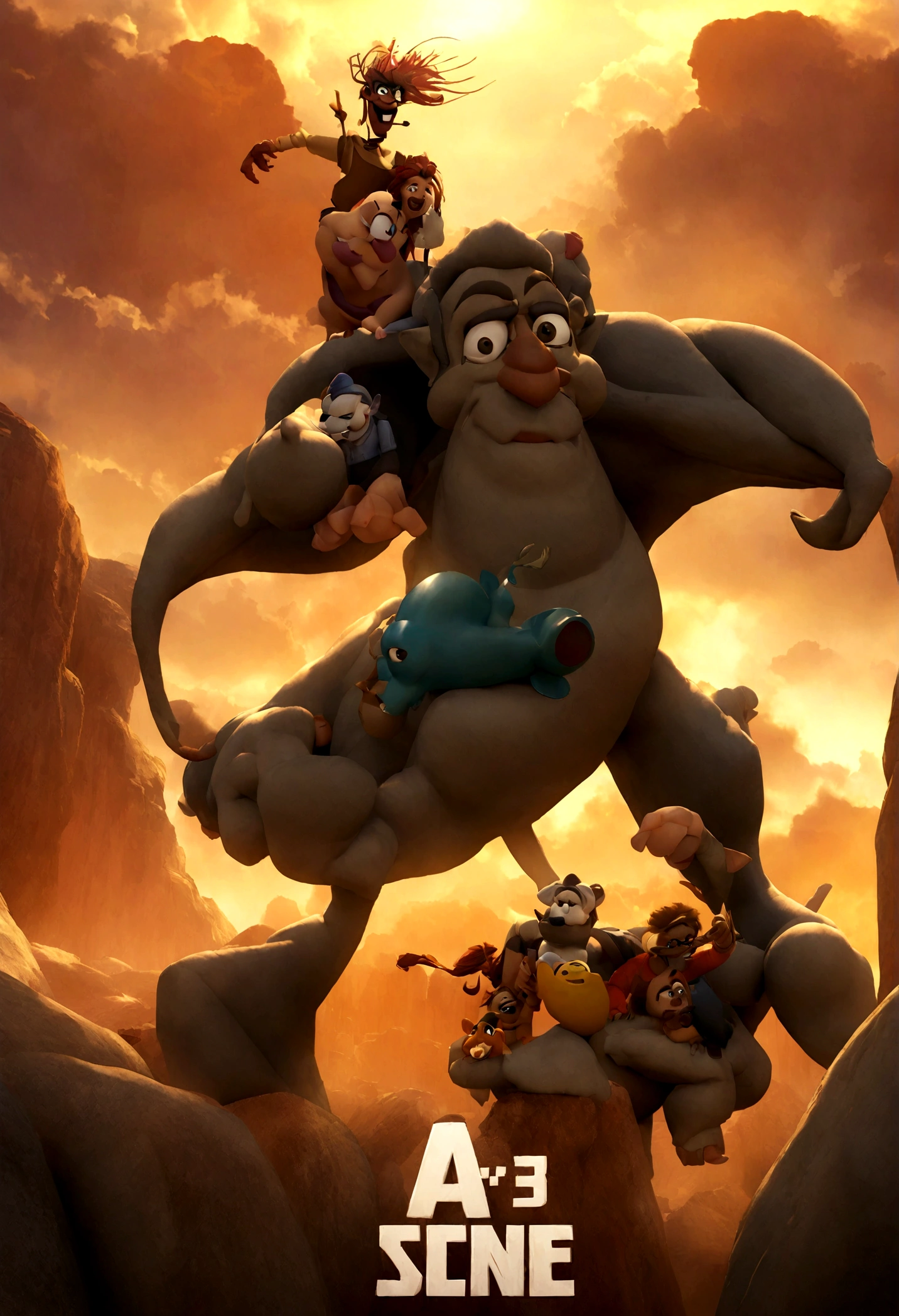 Create a 3D Movie Poster Inspired by Disney Pixar, The scene should be in Pixar's signature digital art style, com uma imagem caricatural, a personagem tem rosto delicado, but with strong features, sobrancelha grossa, maxilar marcado, Hair is dark at the roots, and at the tips it is slightly light