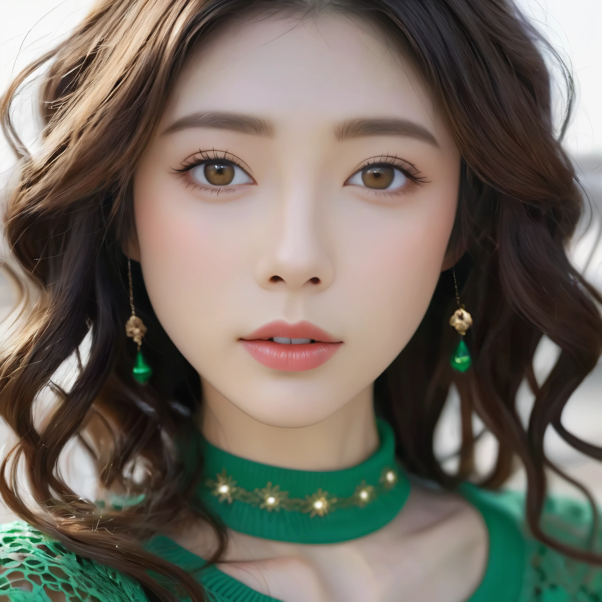 Wavy hair Wavy hair（（（Eyes are very delicate））），（（（Hair accessories））），necklace，Close-up，Sexy young girl in sexy green and gold lace sweater，New Year decorations are everywhere on the road（（（masterpiece）））， （（best quality））， （（Intricate details））， （（Surrealism））（8K）