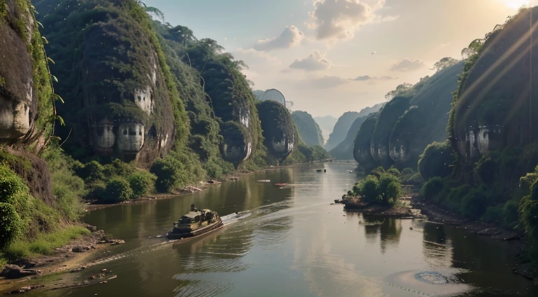Mekong River, in the jungle of Vietnam, (Vietnam war), at sunrise, with realistic textures, ultra hd, realistic, vivid colours, high detail, perfect composition, from below, beautiful detailed complex insanely detailed octane render, artstation trend, 8k art photography, photorealistic concept art, soft natural volumetric cinematic perfect light