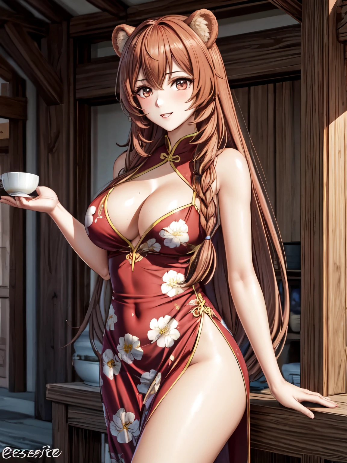 Raphtalia mulher atraente. orelhas de urso, cabelo loiro laranja, olhos vermelhos como rubis, sorriso de boca aberta, corar, seios grandes, escote .Sexy Red Chinese Revealing Dress with Floral Design, de pie frete al espectador fondo un templo rosado