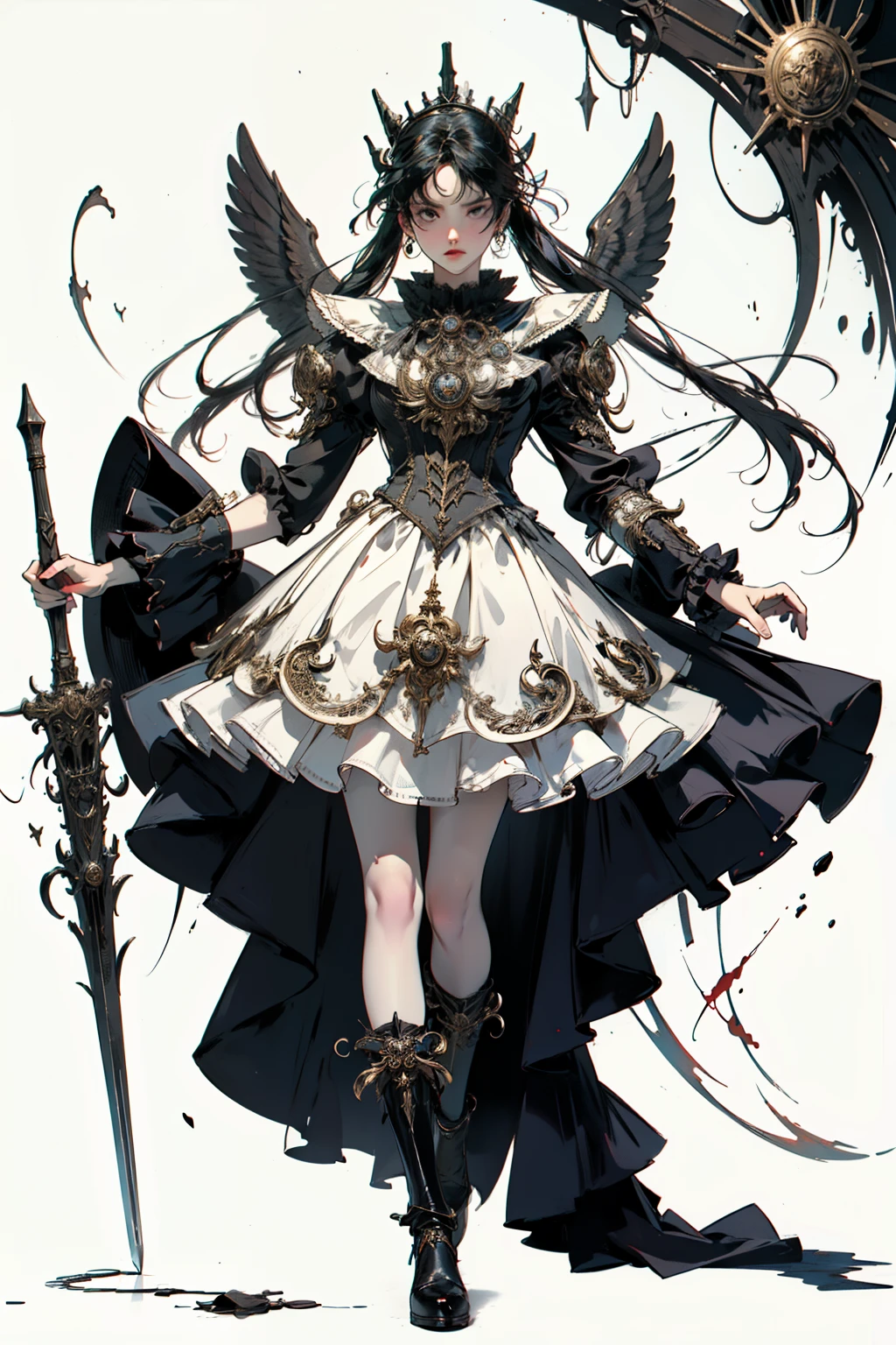 ((best quality)), ((masterpiece)), (detailed), blank white background, plain background, white background, Bloodborne inspired, occult aesthetic, occult, detailed and intricate steampunk and detailed gothic, NSFW, Very dramatic and cinematic lighting, cosmic horror, grim-dark, side-lighting, perfect face, a beaituful goddess valkyrie adorned and enshrined in armour, Bloodborne inspired valkyrie, occult aesthetic valkyrie, occult valkyrie, detailed and intricate steampunk and detailed gothic valkyrie, wielding a sword and shield, NSFW, Fluttering lace flared long knee length dress with frilly petticoats, knee length dress, pleated petticoats, lolita dress, petticoats gothic lolita, side-lighting, gothic lolita aesthetic, beautiful small breasts, small breasts, full body, whole body, body, plain background, white background, blank background, no background, white background