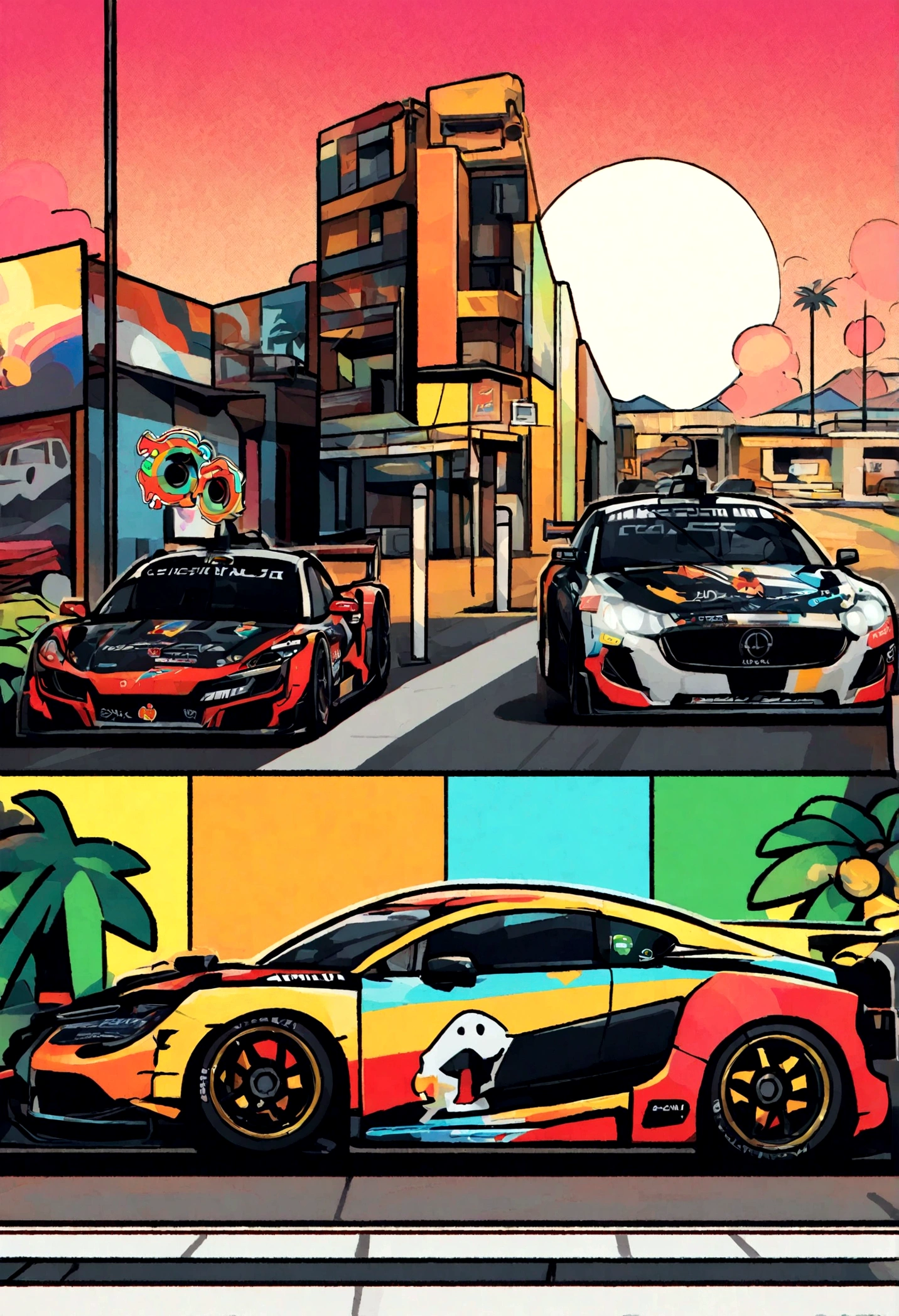 ((Sticker design)),formular1,race car, Sunset background, Palm trees, 5 colors of layers, Corner Street, Beleq drum, Presean, car in black color