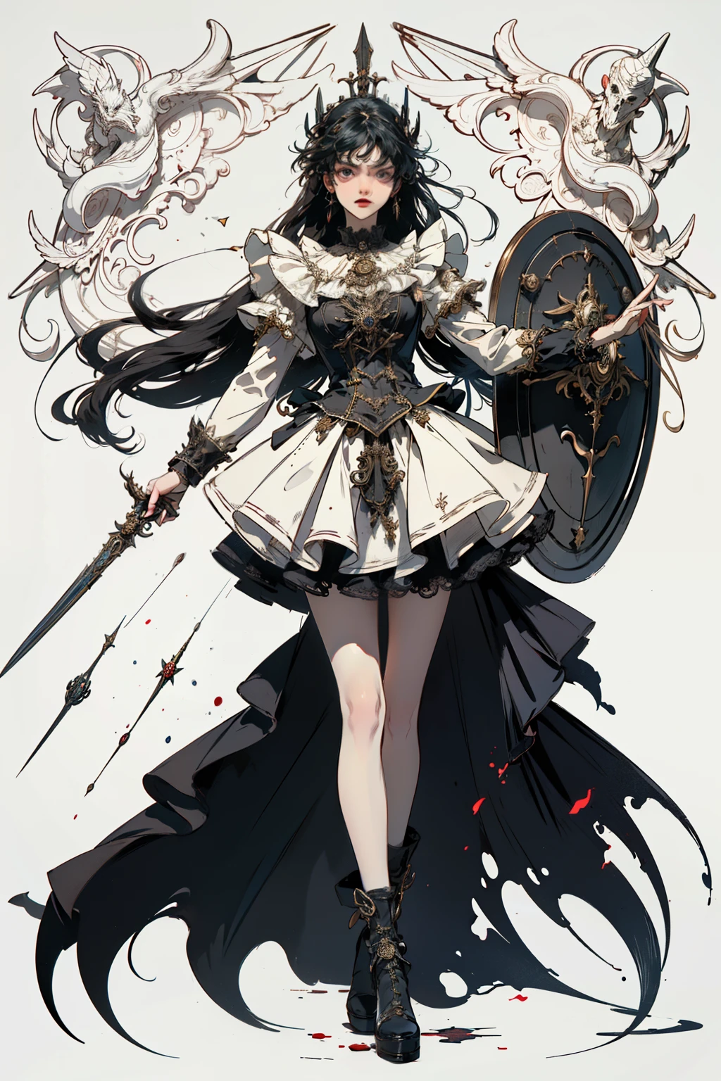 ((best quality)), ((masterpiece)), (detailed), perfect face ((best quality)), ((masterpiece)), (detailed), blank white background, plain background, white background, victorian era inspired floral background, Bloodborne inspired, occult aesthetic, occult, detailed and intricate steampunk and detailed gothic, (zentangle, mandala, tangle, entangle), NSFW, torn clothing, Very dramatic and cinematic lighting, cosmic horror, grim-dark, side-lighting, perfect face, a beautiful goddess adorned and enshrined in armour, Bloodborne inspired , occult aesthetic , occult , detailed and intricate steampunk and detailed gothic , wielding a sword and holding a shield, NSFW, Fluttering lace flared short dress with frilly petticoats, knee length dress, pleated petticoats, ta dress, petticoats gothic loliside-lighting, gothic lolita aetic, beautiful small breasts, small breasts, full body, whole body, body, plain background, white background, blank background, no background, white background NSFW, full body, whole body, head-to-toe