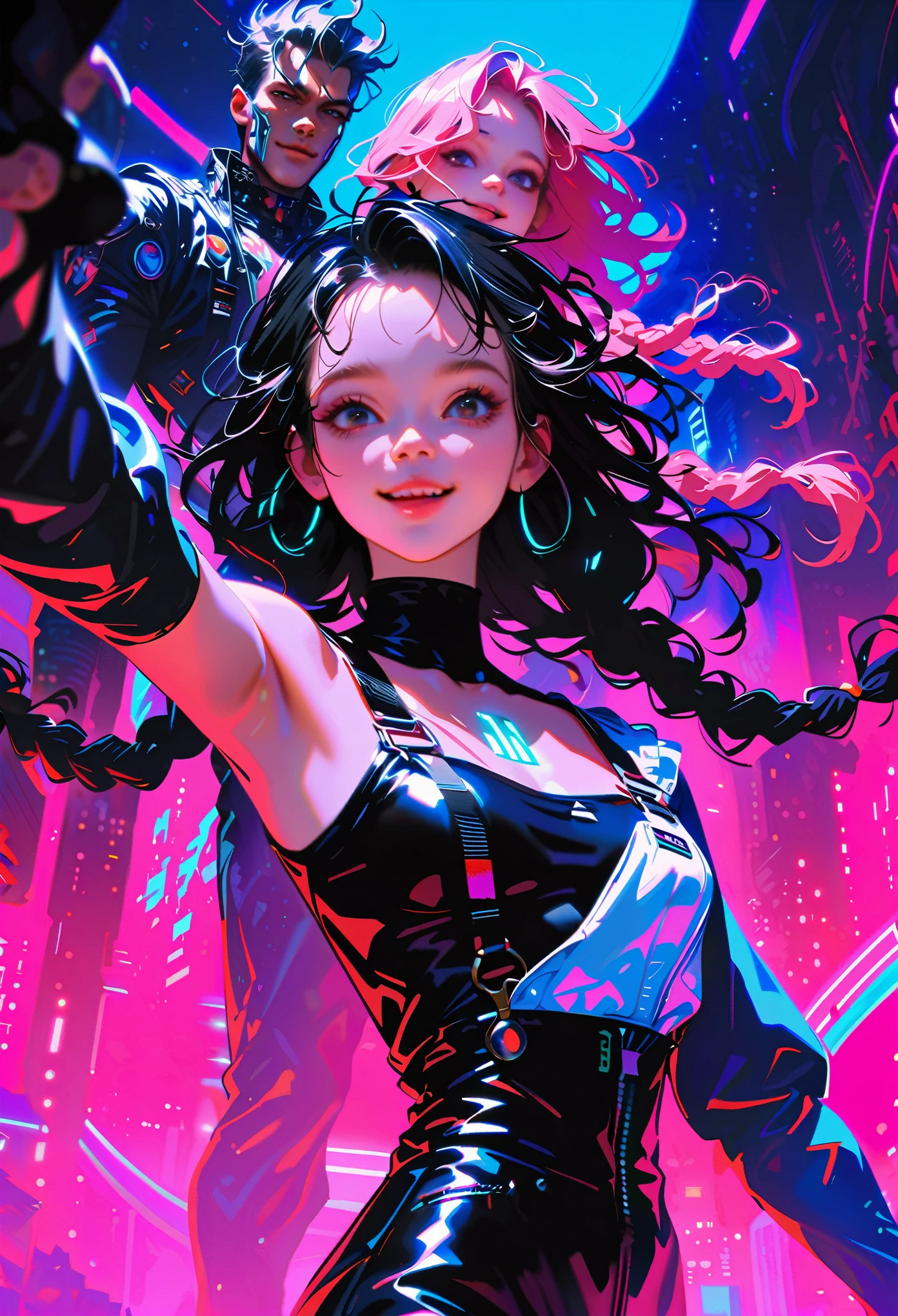 ((Picture in cyber punk style, create two characters), (futuristic , space station, space)))_((In the center of the composition there are two characters, close-up, a boy and a girl - full growth), (a girl in a stylish overalls, a slender figure, dynamic pose), (her clothes look very stylish, futuristic, a lot of details, latex material, textured fabric elements, colors, pink, blue, white), (her image embodies beauty and sympathy, her face radiates happiness, expressive eyes, smile), (her hairstyle, two long braids, hair dyed blue, pink - neon highlights))_((Her partner, a futuristic boy from the future, is dressed in all black, his preference in clothing, dark gothic style, combined with space jumpsuit, sporty stylish), (shoulder-length hair, handsome, black eyes, slender, young, strong body))_((Background, space station, space, technological elements, shine of stars))_((High image quality, stylish picture in cyber punk style, futuristic future, masterpiece), (animation cinematography, stylized realism, Japanese anime, blade runner, apple seed, animatrix), (FULL HD, 18K).