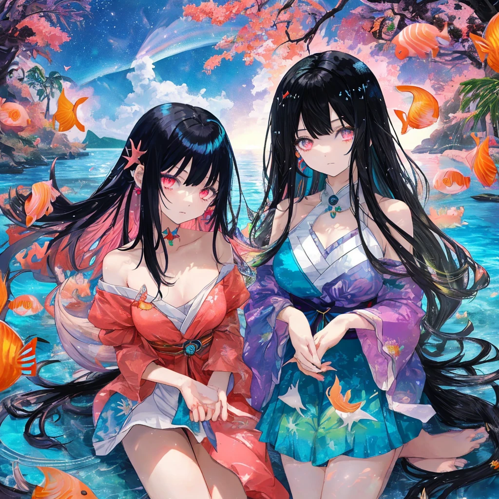 anime、Vibrant colors、Cool beauty、Moon Goddess、17 years old、Black Hair、Long Hair、Straight Hair、The bangs are cut above the eyebrows、Narrow eyes、Slanted Eyes、Bright eyes、Sharp Eyes、Sparkling eyes、Large Breasts、In the sea with beautiful coral、100 small tropical fish、Sunshine、1000 glowing particles、rainbow、Old Temple