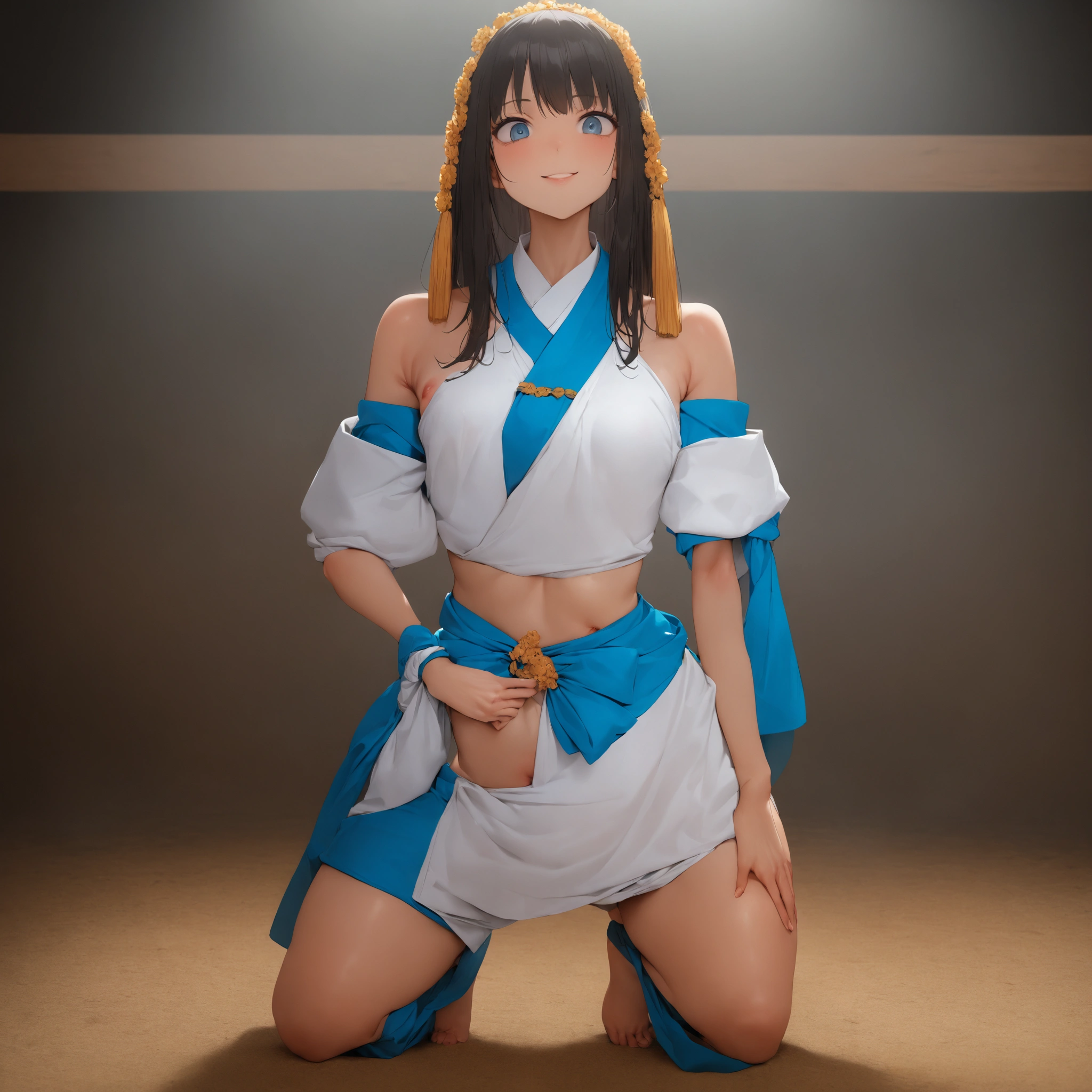 Masterpiece,4K,Perfect Face,Perfect body,A 20-year-old girl with big eyes and a big smile wearing a gorgeous Yosakoi Soran Festival costume,Sumo ring,Detailed, Hollywood-style real-life images。Small breasts。Very small virgin-like areola, very pale in colour, similar to her skin tone。