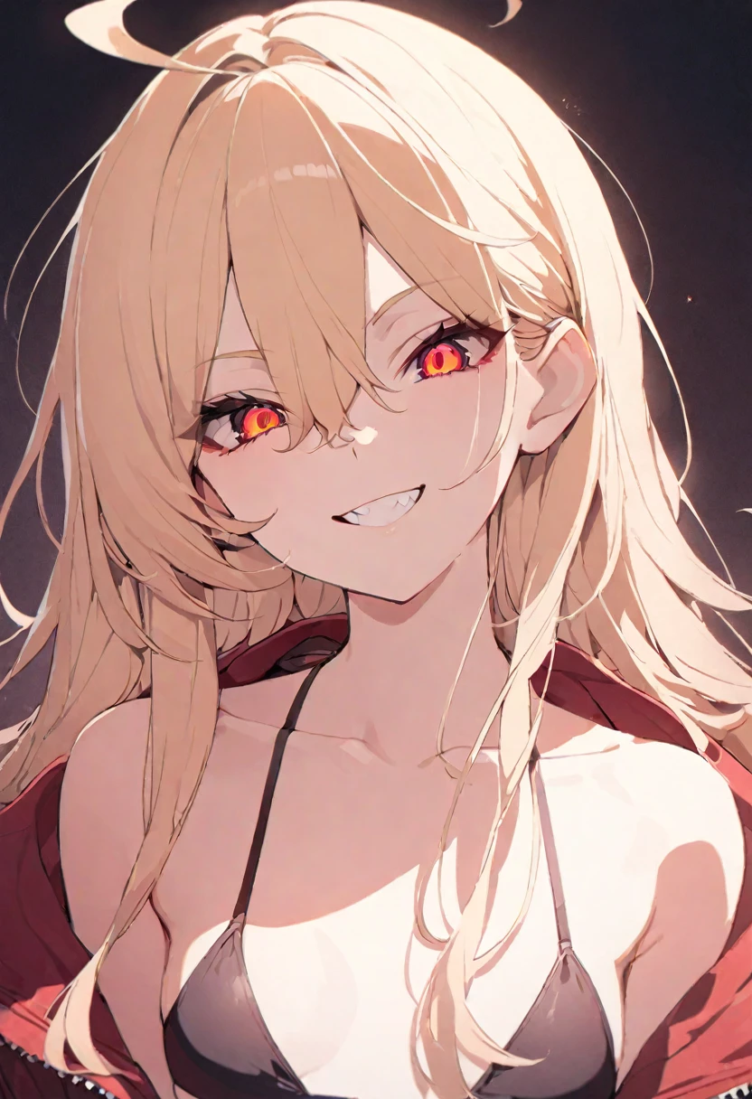 (masterpiece), (best quality), perfect face, beautiful girl, white background background, delicate and beautiful face and eyes, dark intense shadow,
1 girl, vtuber style, cool girl, blond middle hair, blond straight hair, small ahoge, amber eyes, sharp eyes, sharp gaze, hair between eyes, yaeba, Yae Teeth, bikini, red jacket, unzipped jacket, small chest, cropped shoulders, clavicle, smile, bare feet, chest visible through clothes, (full body), looking at viewer, standing, white background,