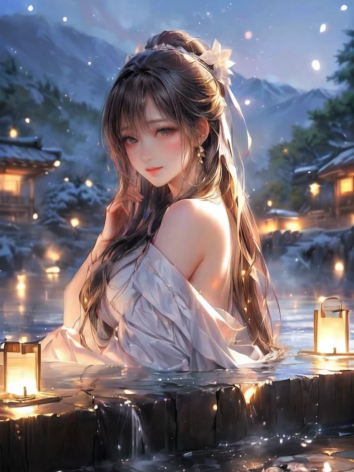 a beautiful anime girl in a white dress relaxing in an outdoor hot spring in the mountains, beautiful digital art, artwork in the style of Gwyneth, by Yan J, beautiful anime girl, trending on cgstation, 4k anime style, beautiful and charming anime woman, smooth anime CG art, beautiful anime woman, 4k anime wallpaper