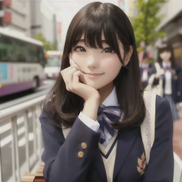 There is a woman sitting with her hand on her chin, Beautiful anime school girl, Japanese girls uniform, Japanese , Acquire Japanese language skills , Seifuku, Beautiful Japanese girl face, Real life anime girls, Portrait of a Japan teenager, Surreal school girl, アイドルのような笑顔がcute kawaii girl, cute 
