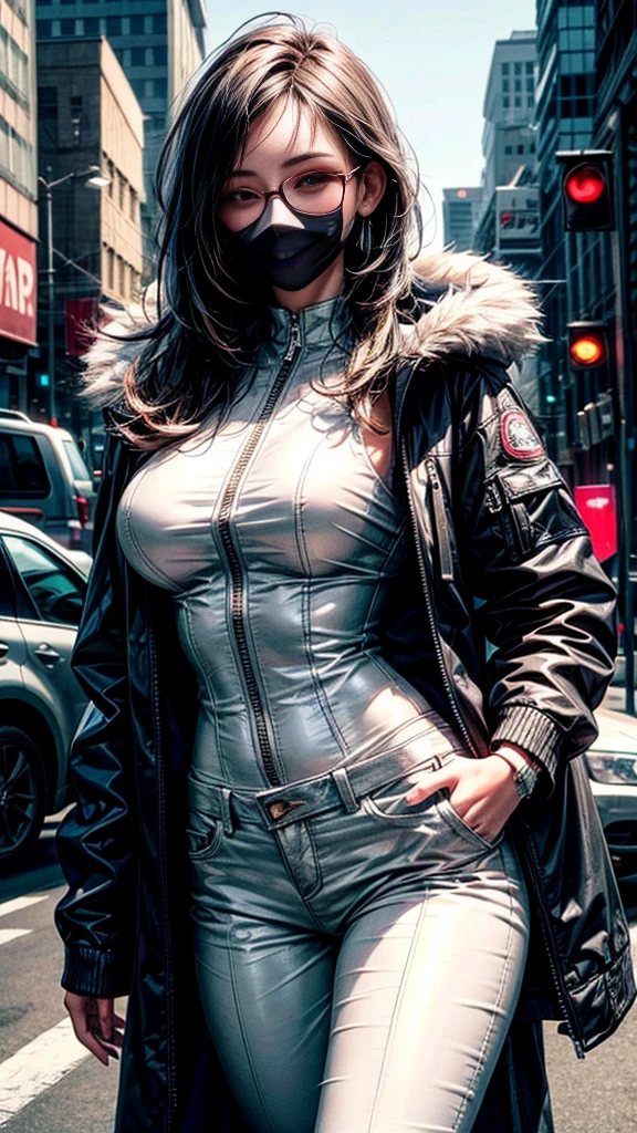 Cinematic lighting,super detailed skin、Beautiful detailed eyes、Best Quality,cyberpunked,(Alternative、dim colors, Soothing tones、Perfect Anatomy:1.3),(1beautiful woman、Detailed beautiful facial features:1.3)(black hair shorthair、eye glass:1.5)well-shaped breasts、BREAK.White Shirt Tops、Black Satin Suit Slacks、(purple fur down jacket)BREAK.A dark-haired、big frame glasses、hands in the pocket、arms in arms、Near city station、natta。jpn, Colossal tits