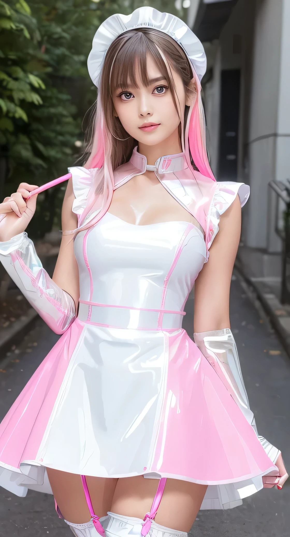 A very beautiful and cute young girl like an angel,
fine and beautiful eyes,
detailed double eyelids,
(soft saturation: 1.3),
(Fair skin: 1.3),V line chin,
(Big eyes:1.4),
long brown straight hair,
See-through bang,15 year old student,
sharp focus,
beautiful detailed face and eyes,
droopy eyes,
small and straight nose,
small mouth,
Happy smile with visible teeth, 85mm lens, f/8.0,break (Super shiny hologram white and metallic red pink maid outfit :1.3),walk,brown hair ,(Clothes with highly reflective surfaces:1.3),
(highest quality:1.2),(maid costume:1.5),
RAW photo,
High resolution,
perfect details,
professional photography,
professional lighting,
powerful lighting for costumes,in the street,break (lift the skirt:1.5),(panties:1.4)