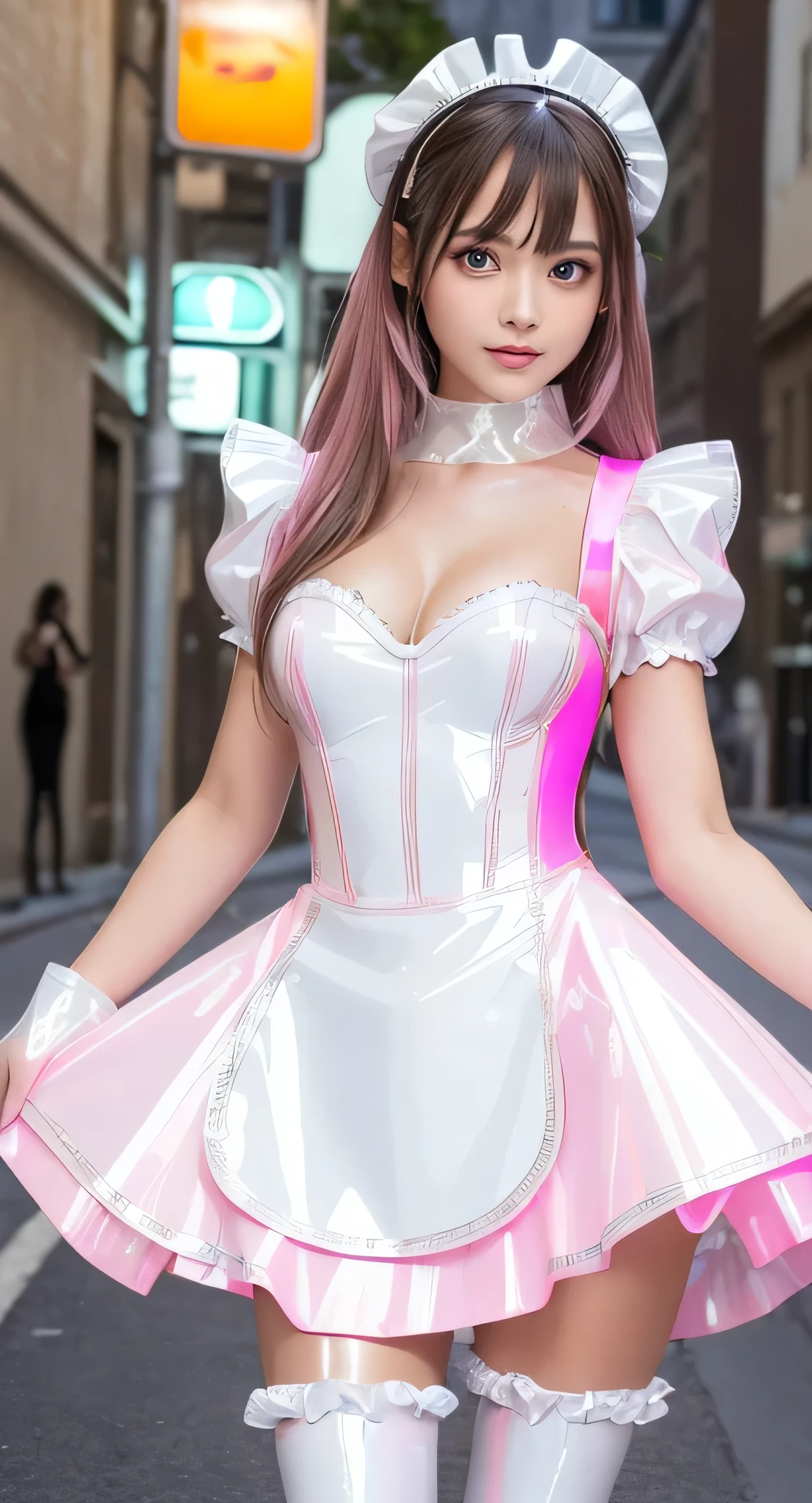 Angelic very beautiful cute young girl,
Beautiful detailed eyes, (5 yo:1.3),(clear-eyed:1.3),
Detailed double eyelids,
(Soft Saturation),
(Fair skin: 1.3),v-line jaw,
(Large eyes:1.4),
Long straight brown hair,
see-through bangs,
Sharp Focus,
beautiful detailed face and eyes,
drooping eyes,
small straight nose,
small mouth,
happy smiling with visible teeth, 85mm lens, F/8.0,BREAK (Super shiny white and metallic neon pink PVC maid costume :1.5),(realistic photograph:1.4),Walking,Brown hair ,(Costumes with strong reflective surfaces:1.3),(lift skirt:1.2),panty,
(Best Quality:1.2),(Maid costume:1.4),
Raw photo,
High resolution,
perfect detail,
Professional Photography,
Professional Lighting,
Powerful lighting of the costume,In the street