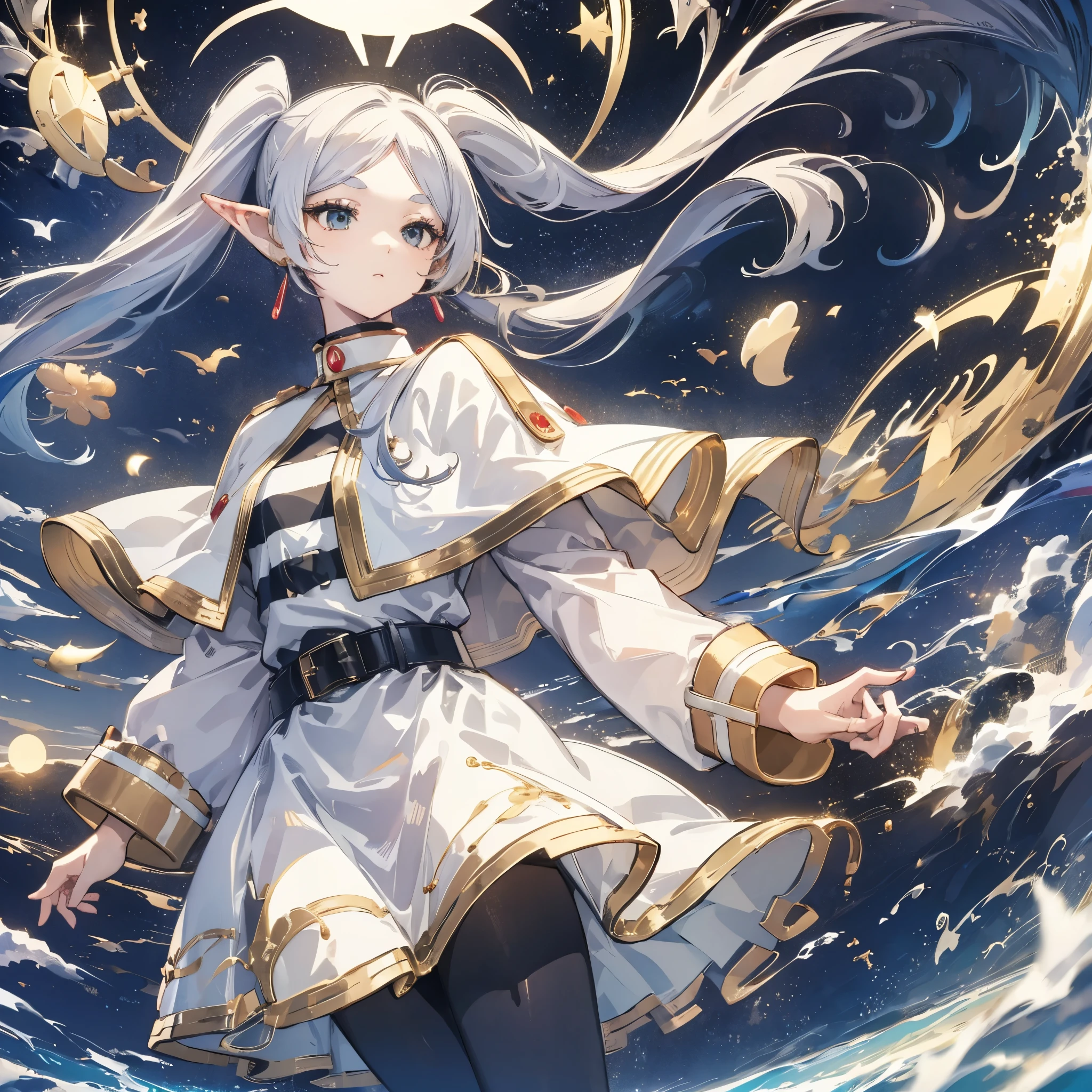 aafrie, long hair, white hair, twintails, pointy ears, earrings, thick eyebrows, white capelet, striped shirt, long sleeves, belt, white skirt, black pantyhose　Holding a walking stick　magic circle　magic circleからビームを出す