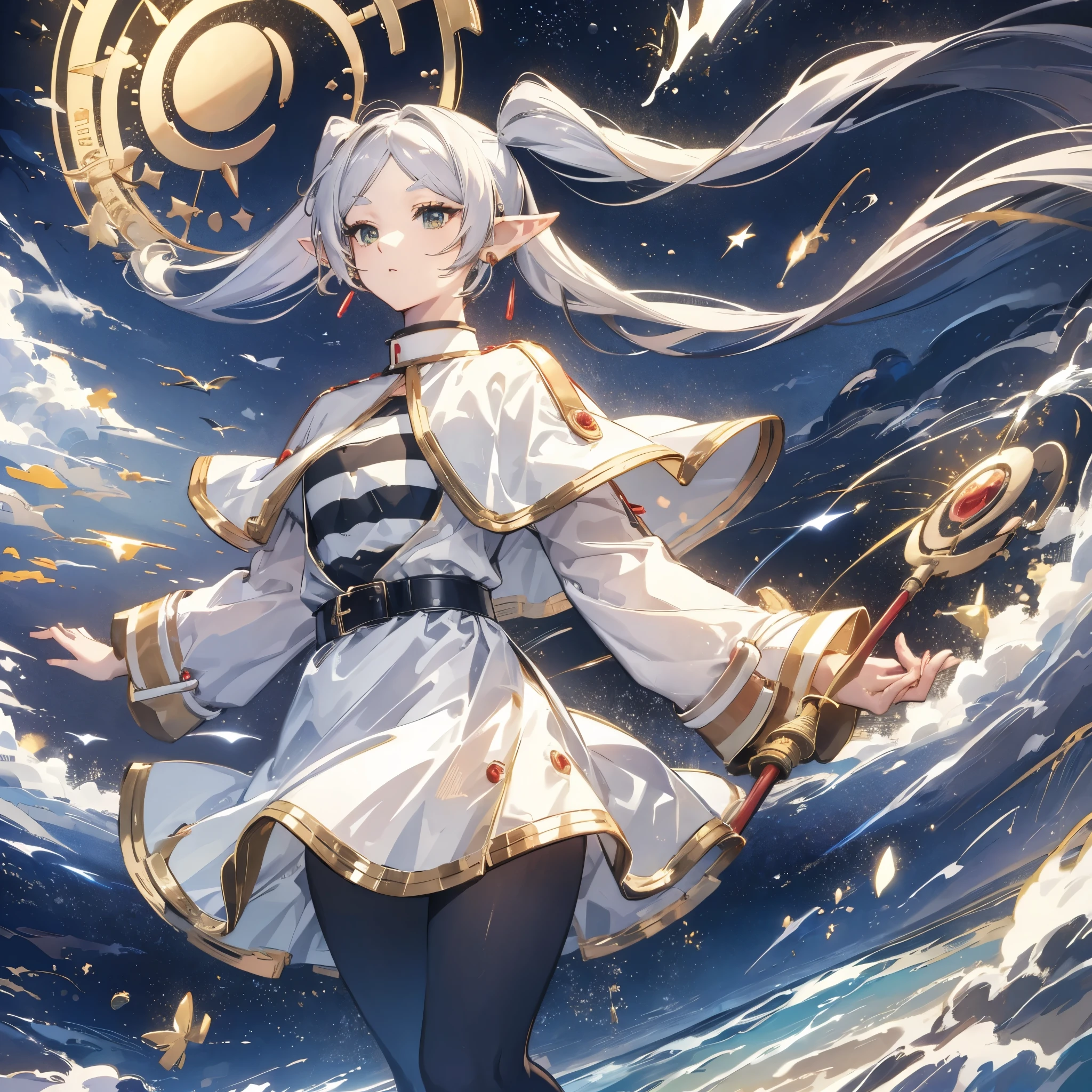 aafrie, long hair, white hair, twintails, pointy ears, earrings, thick eyebrows, white capelet, striped shirt, long sleeves, belt, white skirt, black pantyhose　Holding a walking stick　magic circle　beam　Streaks of Light　Shining Edge　Shining Background