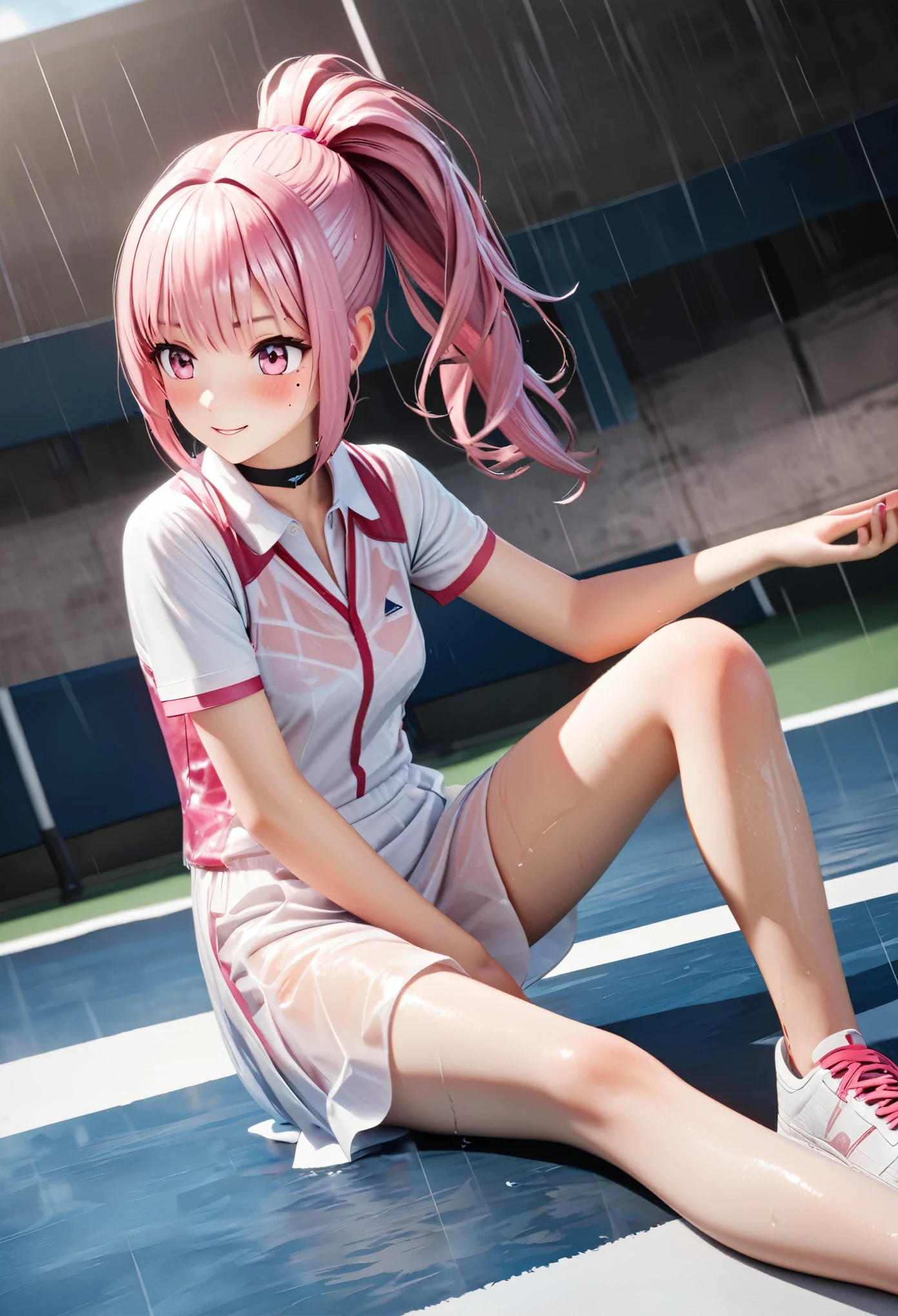 masterpiece, best quality, highly detailed, high resolution, expensive solution, high resolution, 4k, 8k, Unity 8k wallpaper, highly detailed CG, masterpiece, 2d, 3d, beautiful details, depth, fine texture, best quality: 1.3, total concentration, transparent skin, him, very cute anime girl, expensive pink ponytail girl, alone girl, tennis uniform, tennis shoes, tennis court, it was raining heavily and she was soaking wet. The tennis uniform was see-through and her hair was soaking wet, smiling ponytail girl, full body, tennis court, heavy rain, mole under eye, gaze, expensive, blush, parted lips, heart, pink eyes, choker