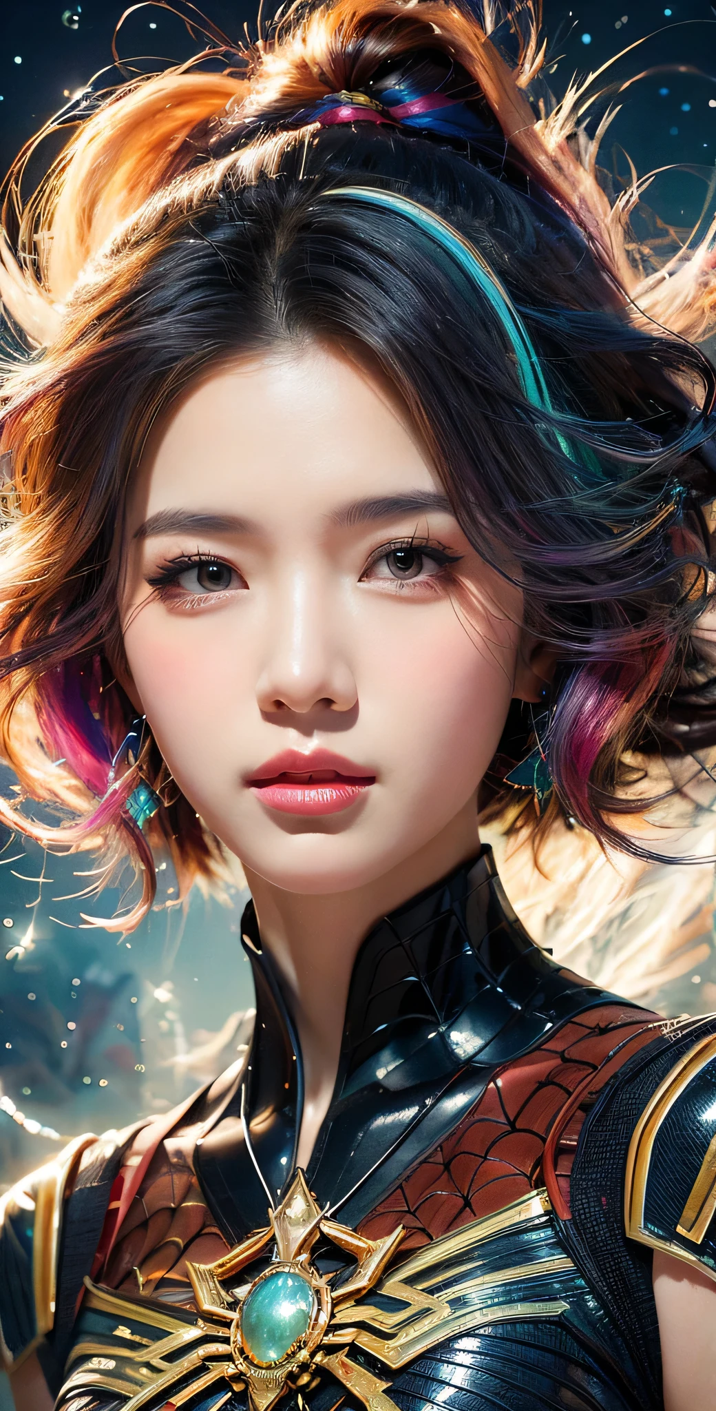 Close-up of a woman with colorful hair and necklace, anime girl with cosmic hair, soft vitality of Rossdraws, artwork in Guvez style, fantasy art style, colorful], vibrant fantasy style, Rossdraws cartoon full of vitality, cosmic and colorful, Guweiz, colorful digital fantasy art, stunning art style, beautiful anime style, white skin, Spider-Man costume,