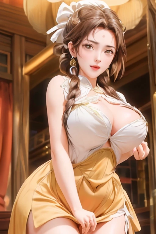 Bare Legs, Brown_hair,Brown_Eye,hair_decorate,hairclip,Side Mao Insult, Single Braid, 1 girl, 20 years,Young women,(((Large Breasts)))Breast sagging、Low-cut(((Cleavage )))、(((Wide hips,)))(((Hourglass figure)))((Long legs)),Fair Finger,Fair long legs,Fair body,Fair Nose,Fair character design, perfect Eye, perfect Face,expressive Eye, looking at the audience, In the center of the image,(Light_Smile:0.5), Official Art,Extremely detailed CG unified 8K wallpaper, perfect Lighting,rich and colorful, bright_front_Face_灯Light,有Light泽的皮肤, (masterpiece:1.0),(the best_quality:1.0), Ultra-high resolution,4k,Super detailed, photography, 8K, HDR, high resolution, absurd:1.2, Kodak Portrait 400, Film Grain, Blurred background, Bokeh:1.2, 镜头Light晕, (Full of energy_color:1.2) (Fair,Big goals_Chest:1.0), (Fair_Face:1.5),(narrow_waist), underwear, Lace