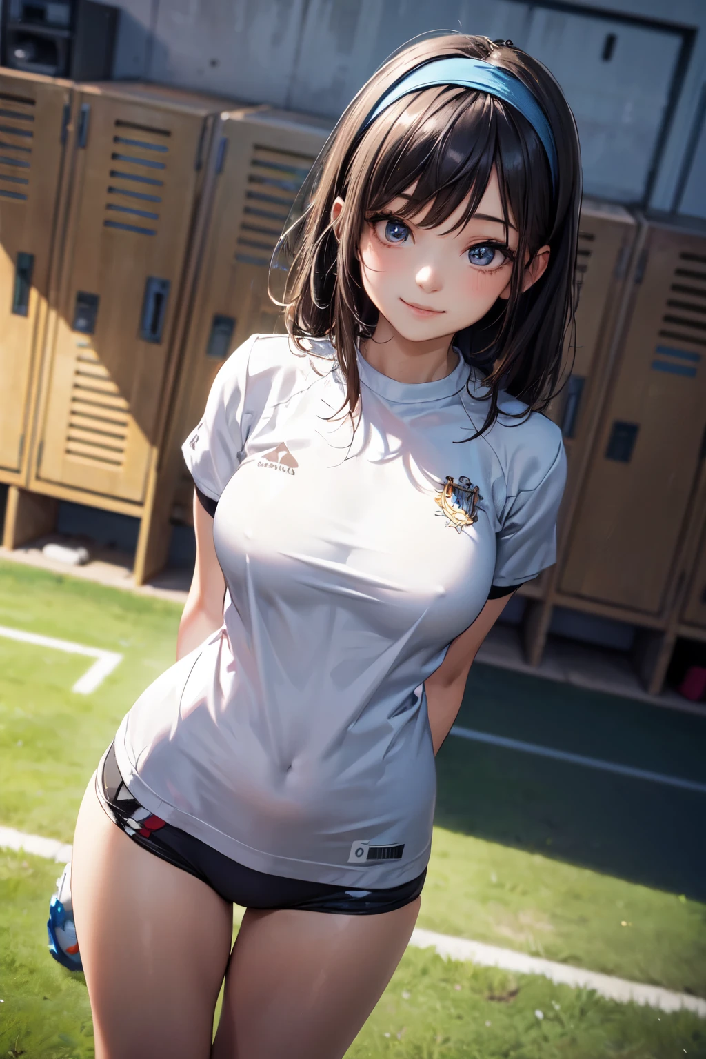 very cute and beautiful girl,(highly detailed beautiful face and eyes),(smile),happy,looking at viewer,
navyblue buruma,standing,arms behind back,detailed legs,white training shirt,short sleeve,
locker room in training gym,black hair,hair band,
(best quality,masterpiece),absurdres,highres,ultra-detailed,extremely detailed,32k,8k resolution,
intricate details,cinematic scene,detailed background,solo,dynamic angle,realistic,