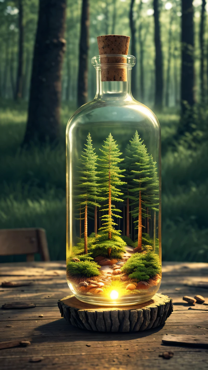 (An intricate forest minitown landscape trapped in a bottle), atmospheric oliva lighting, on the table, 4k UHD, dark vibes, hyper detailed, vibrant colours forest background, epic composition, octane render, sharp focus, high resolution isometric