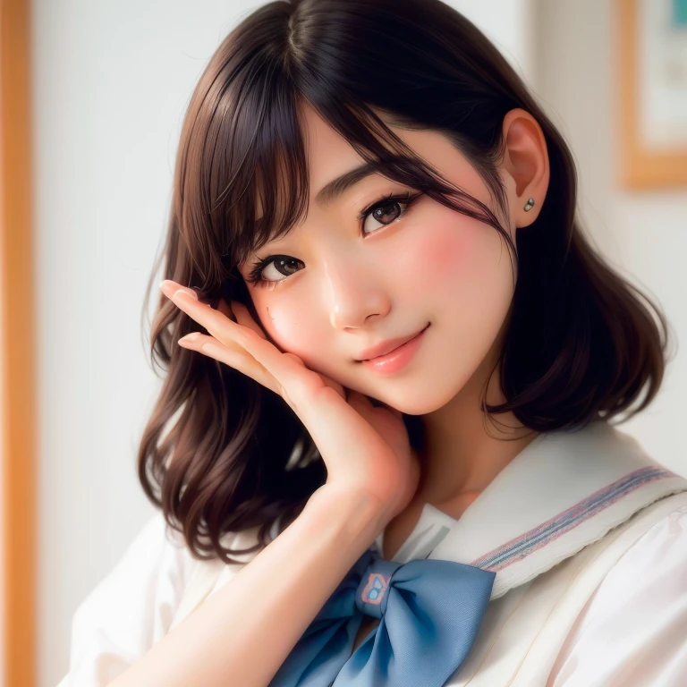 A woman in a blue bow tie poses for a photo, Another close-up of Iwakura, Girl cute beautiful face, With a cute - lovely - face, Beautiful Japanese girl face, iwakura lain, Cute natural anime face, shikamimi, Chiho, pretty girl, Cute realistic portrait, Gentle smile, Real young gravure idol
