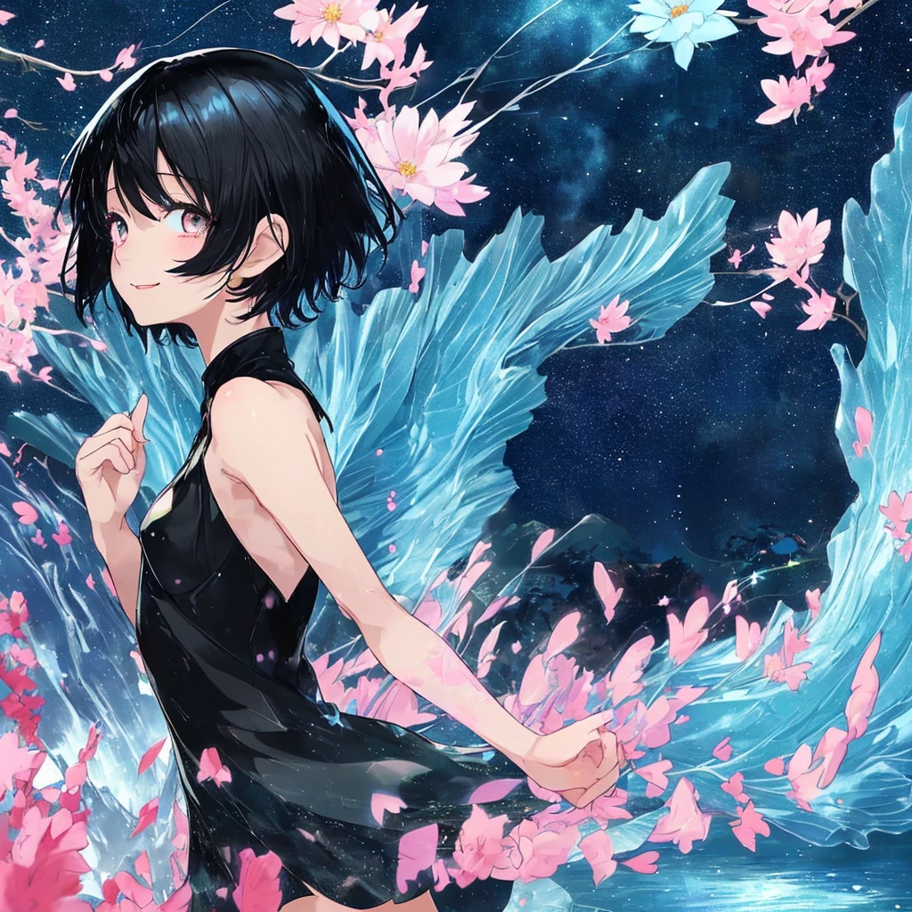anime、Vibrant colors、beautiful girl、Black Hair、A face that retains its youthfulness、short hair、Her hair is cut short, just short of her shoulders、Bright eyes、Sparkling eyes、A cheerful smile、Gazing into the distance、profile、dancing、Clear water flows like a waterfall、Fantastic World、night、Starry Sky