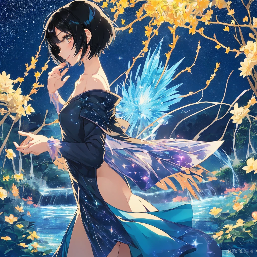 anime、Vibrant colors、beautiful girl、Black Hair、A face that retains its youthfulness、short hair、Her hair is cut short, just short of her shoulders、Bright eyes、Sparkling eyes、A cheerful smile、Gazing into the distance、profile、dancing、Clear water flows like a waterfall、Fantastic World、night、Starry Sky