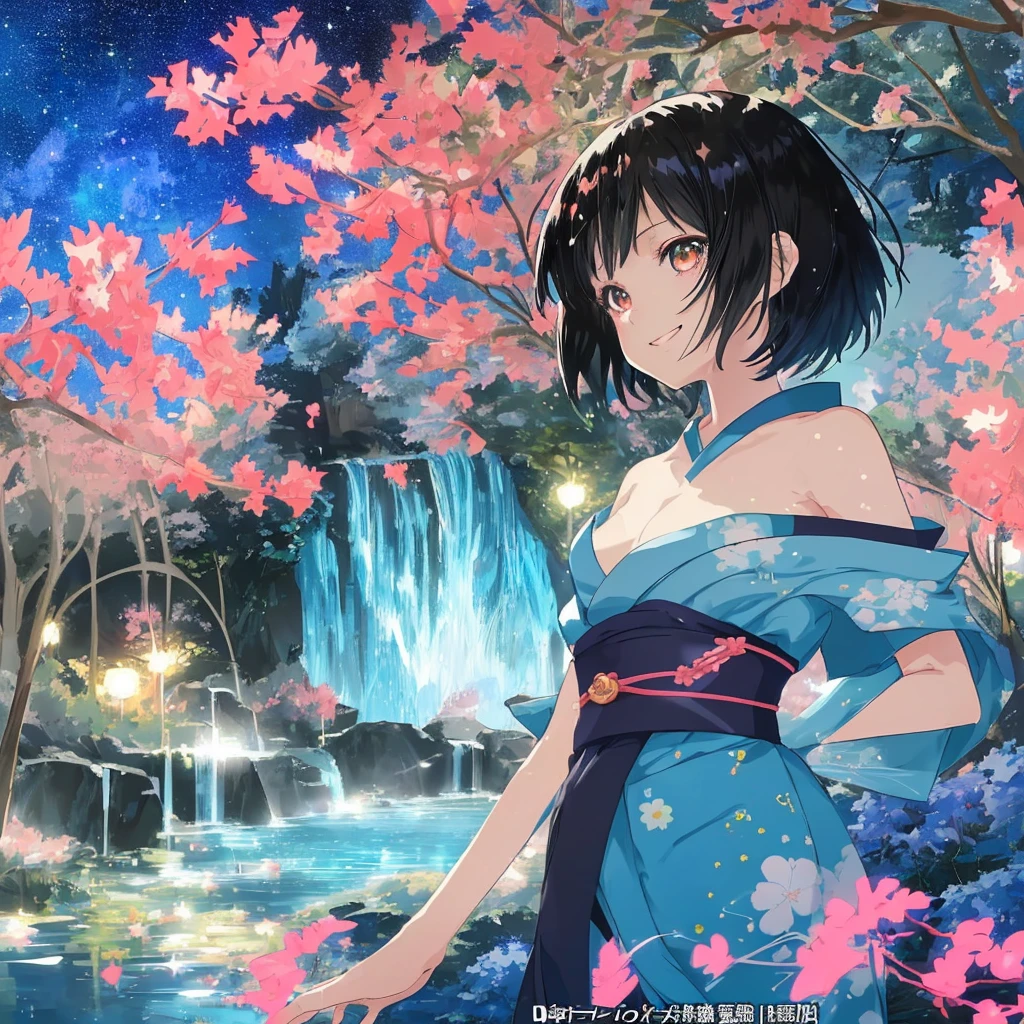 anime、Vibrant colors、beautiful girl、、Black Hair、A face that retains its youthfulness、short hair、Her hair is cut short, just short of her shoulders、Bright eyes、Sparkling eyes、A cheerful smile、Gazing into the distance、profile、dancing、Clear water flows like a waterfall、Fantastic World、night、Starry Sky、kimono