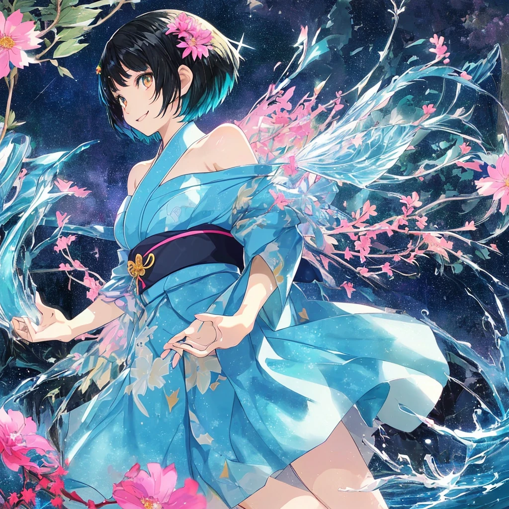 anime、Vibrant colors、beautiful girl、、Black Hair、A face that retains its youthfulness、short hair、Her hair is cut short, just short of her shoulders、Bright eyes、Sparkling eyes、A cheerful smile、Gazing into the distance、profile、dancing、Clear water flows like a waterfall、Fantastic World、night、Starry Sky、kimono